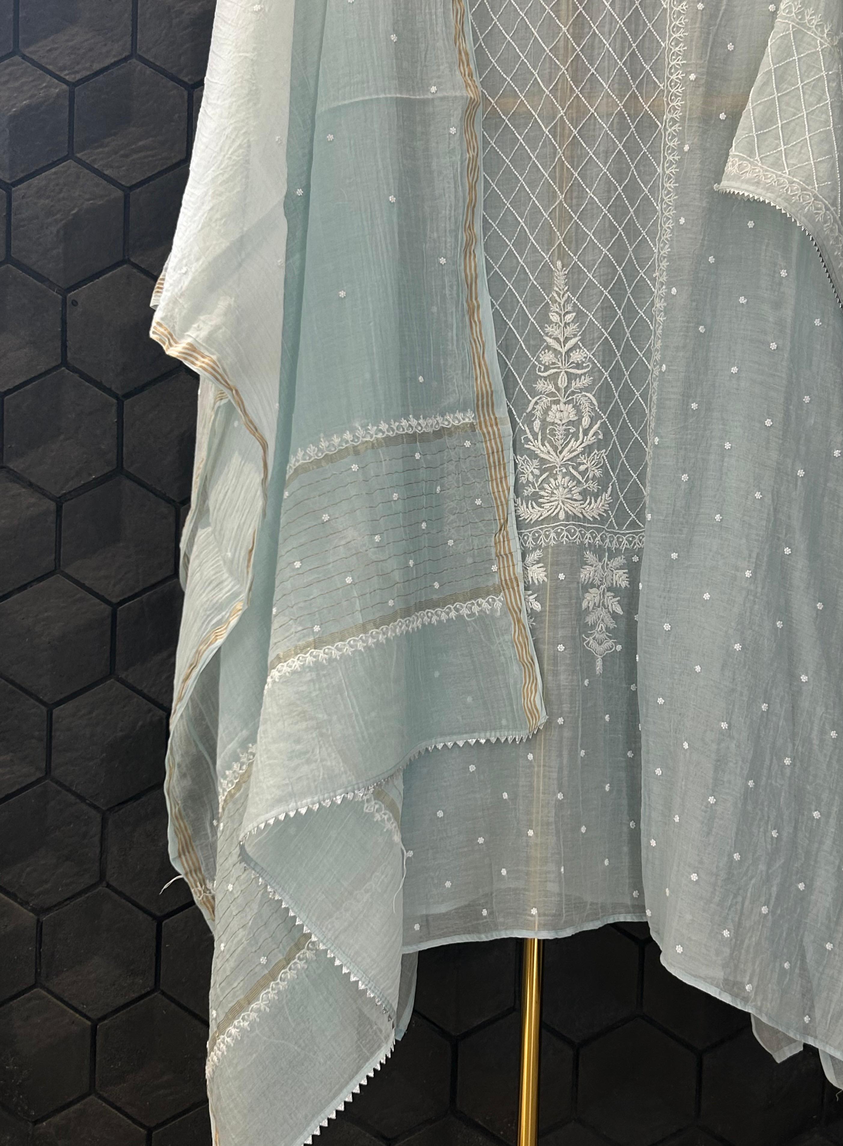 sky blue mul chanderi chikankari kurta set