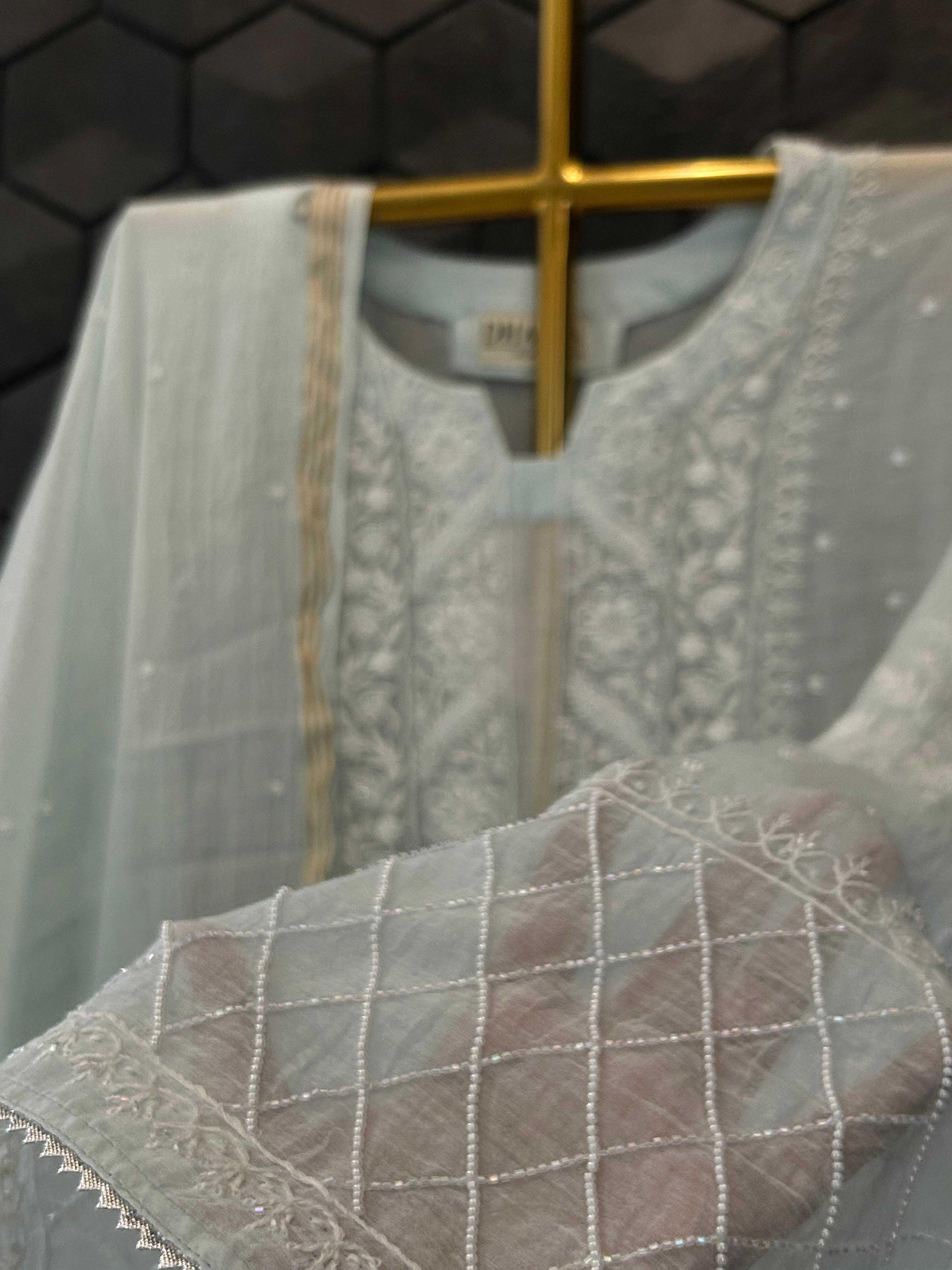 sky blue mul chanderi chikankari kurta set