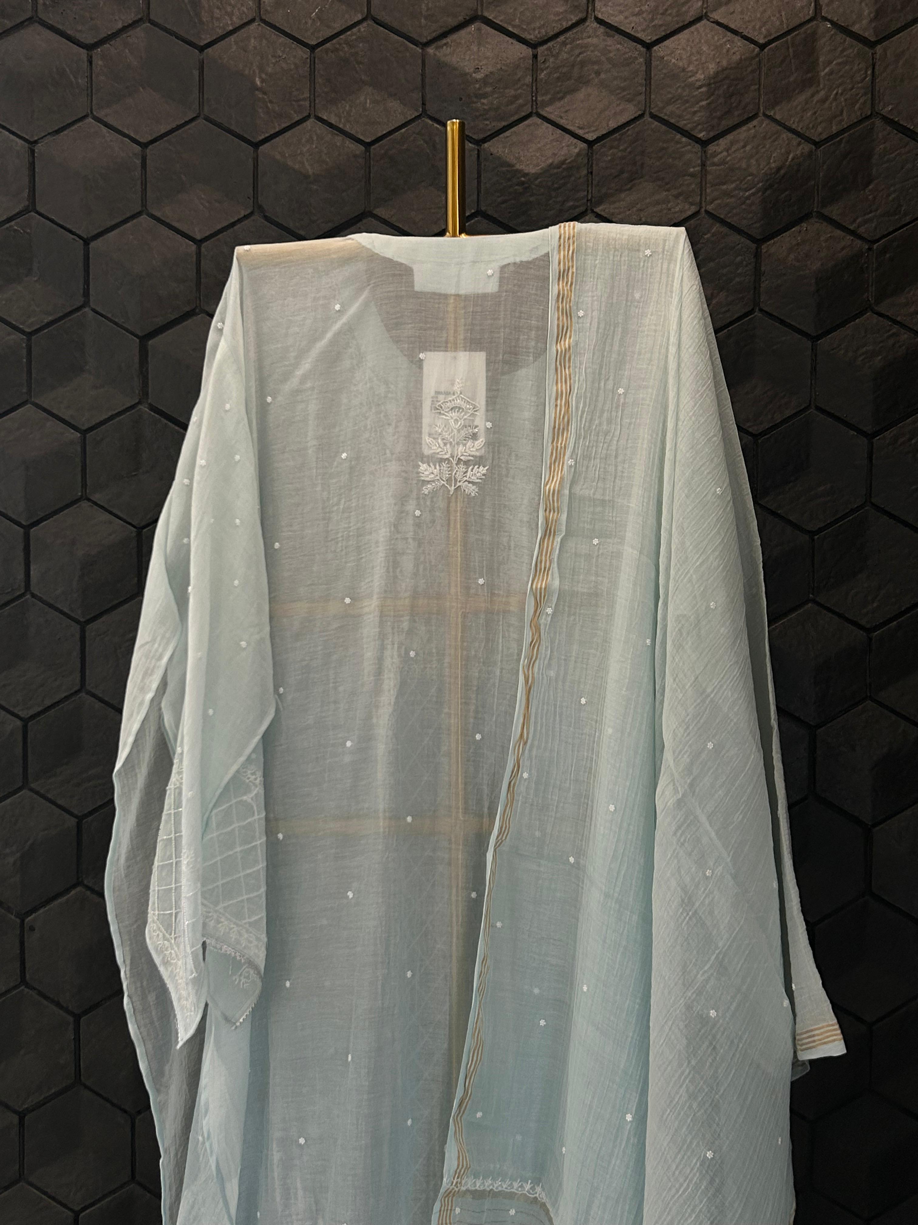 sky blue mul chanderi chikankari kurta set