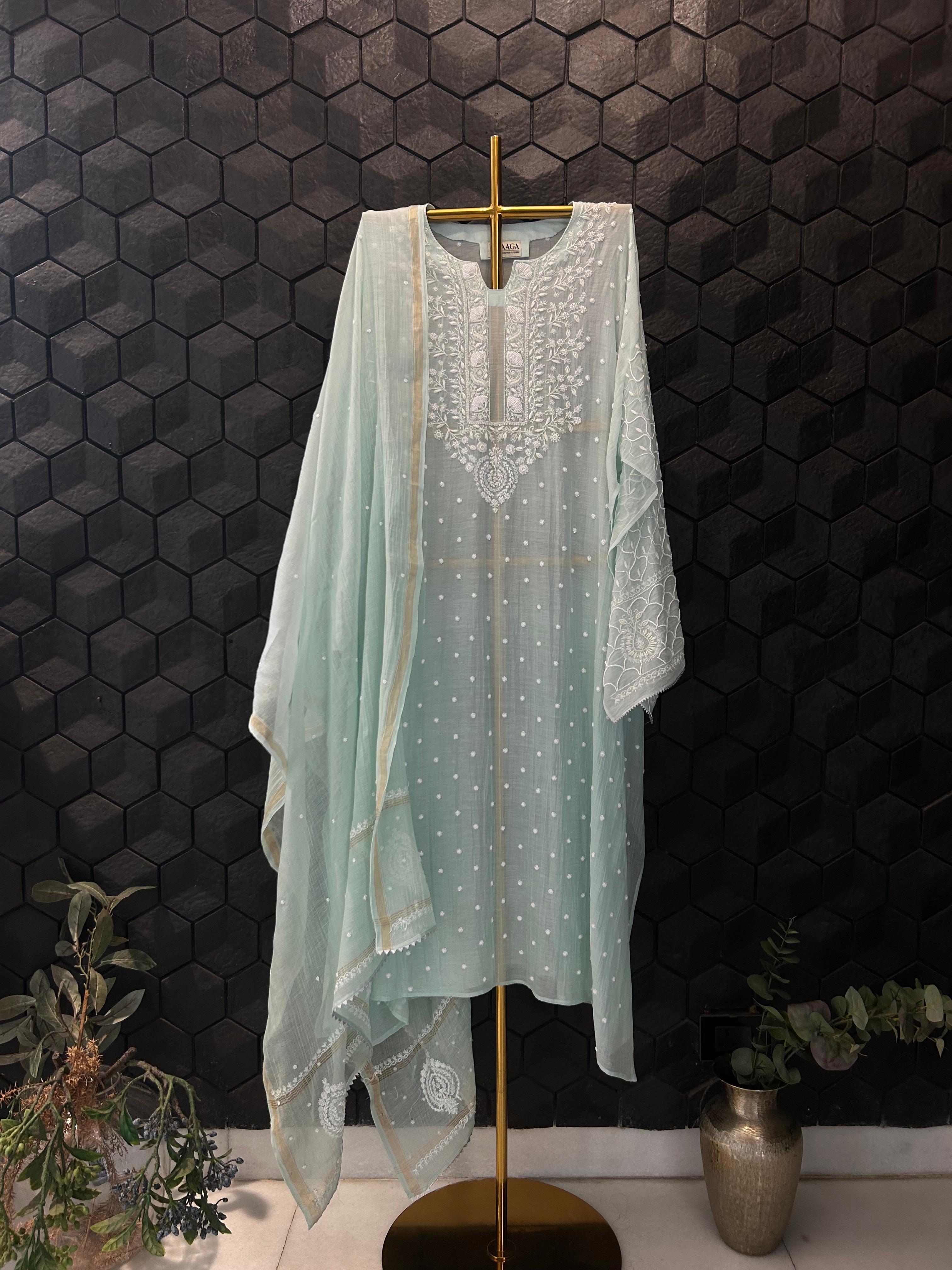 Sea Green Mul chanderi chikankari kurta set
