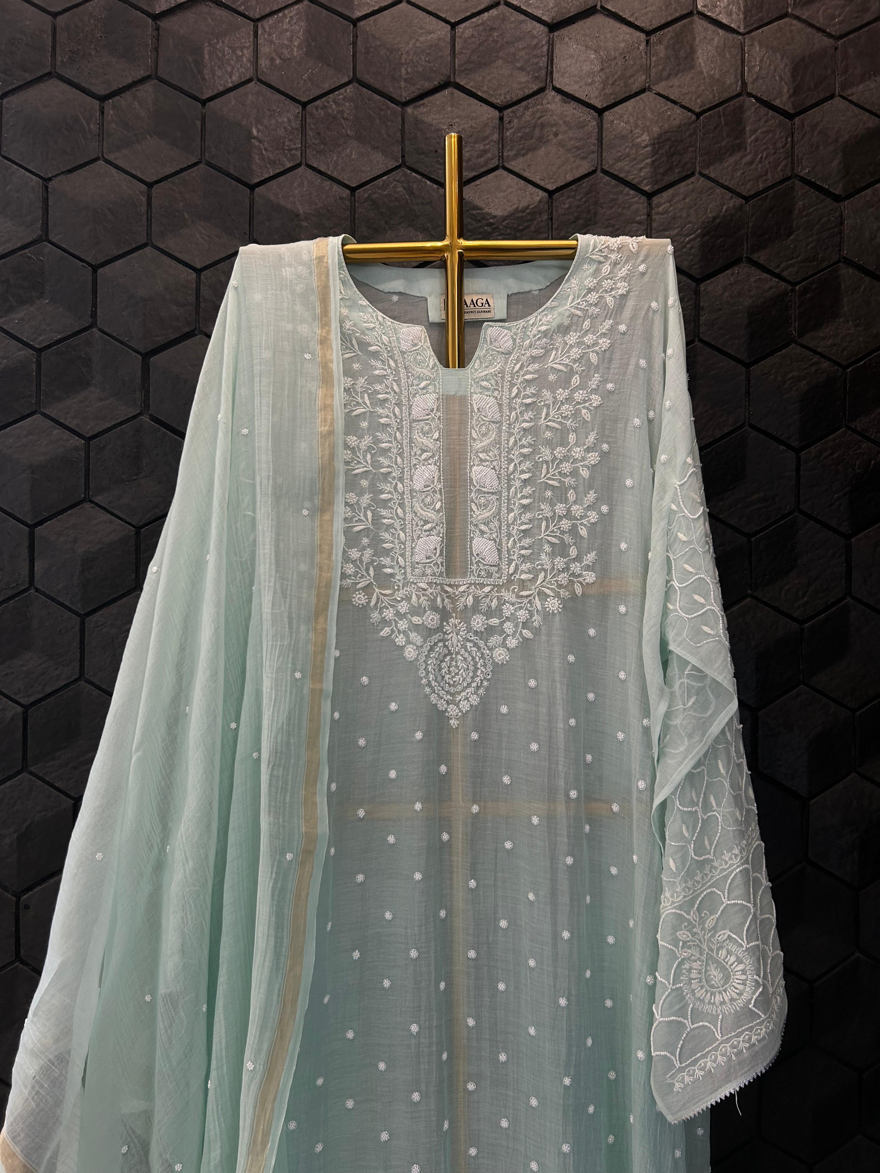 Sea Green Mul chanderi chikankari kurta set