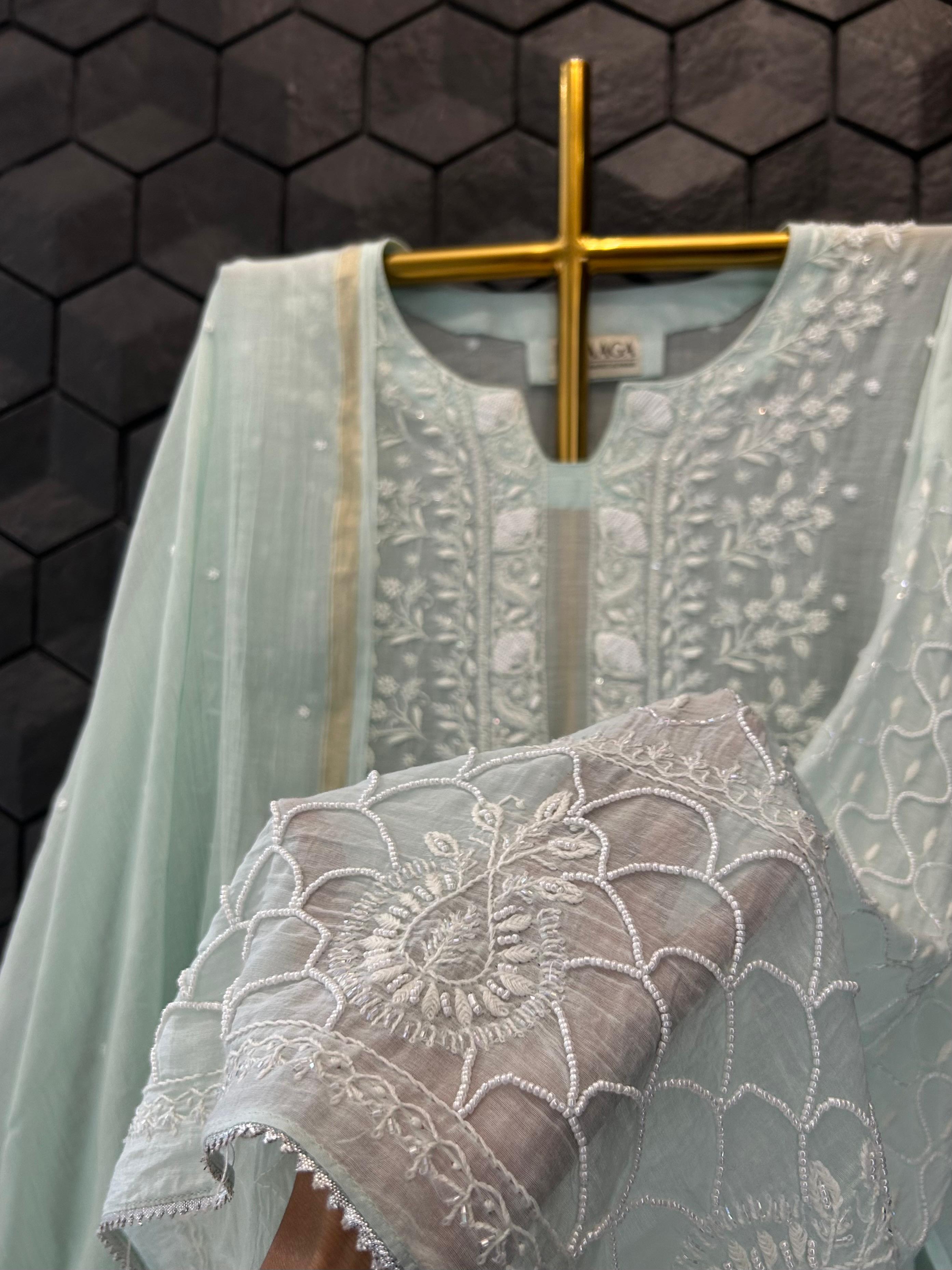 Sea Green Mul chanderi chikankari kurta set