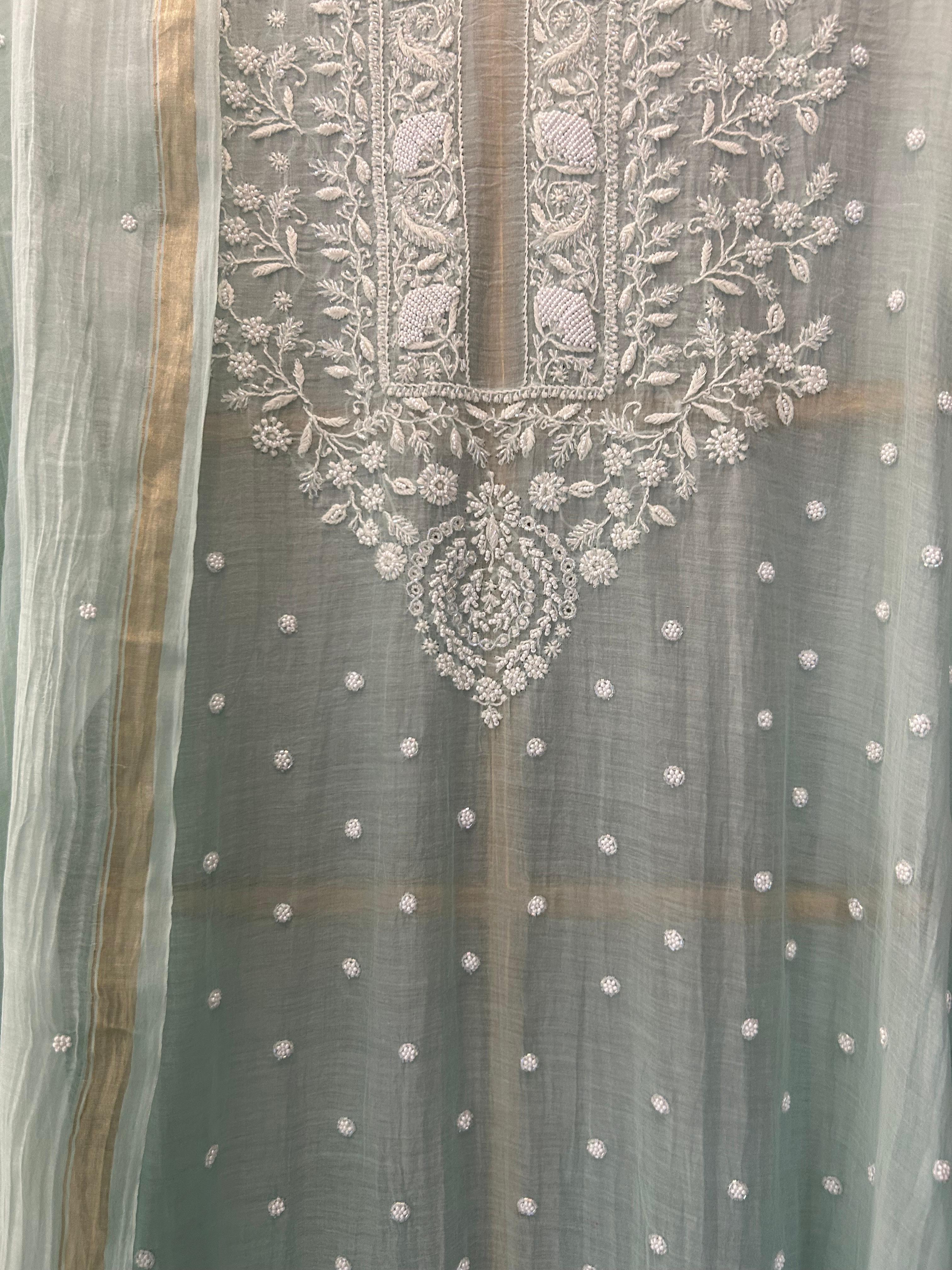 Sea Green Mul chanderi chikankari kurta set