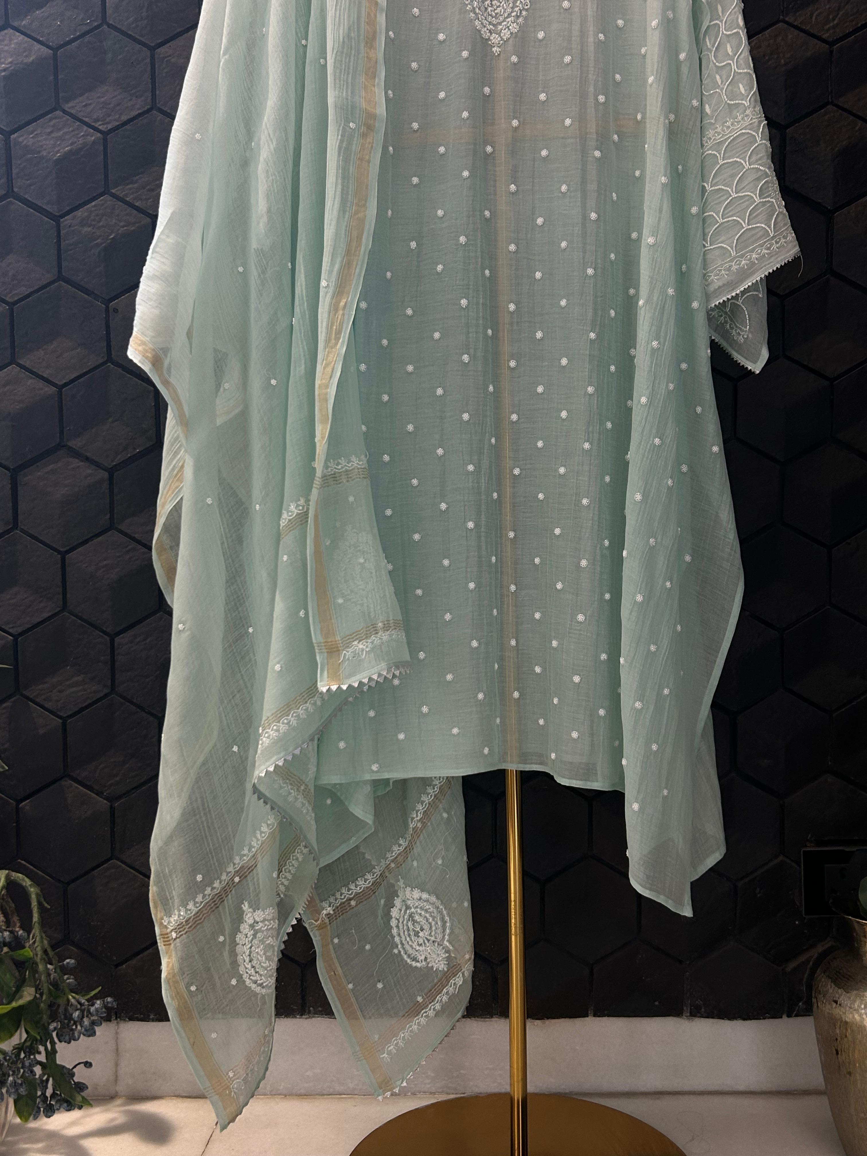 Sea Green Mul chanderi chikankari kurta set