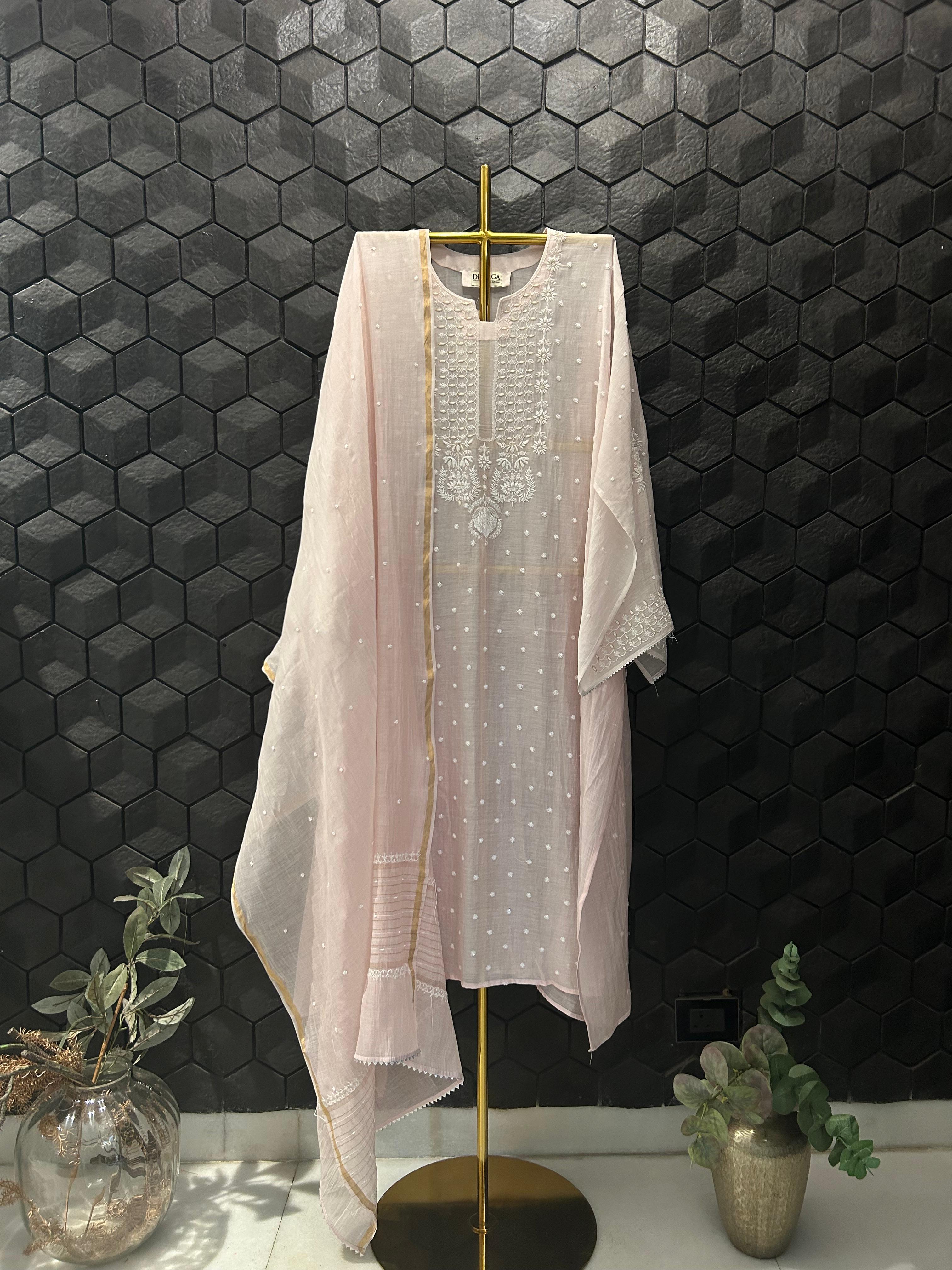 Pink Mul chanderi chikankari kurta set