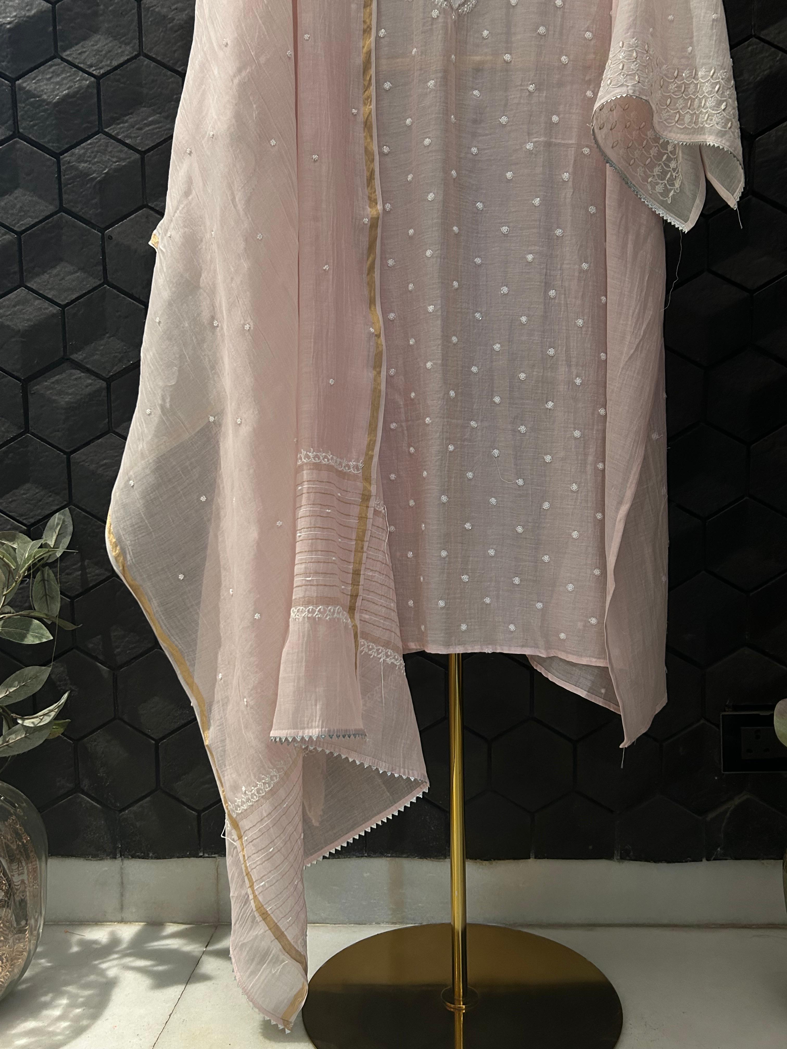 Pink Mul chanderi chikankari kurta set