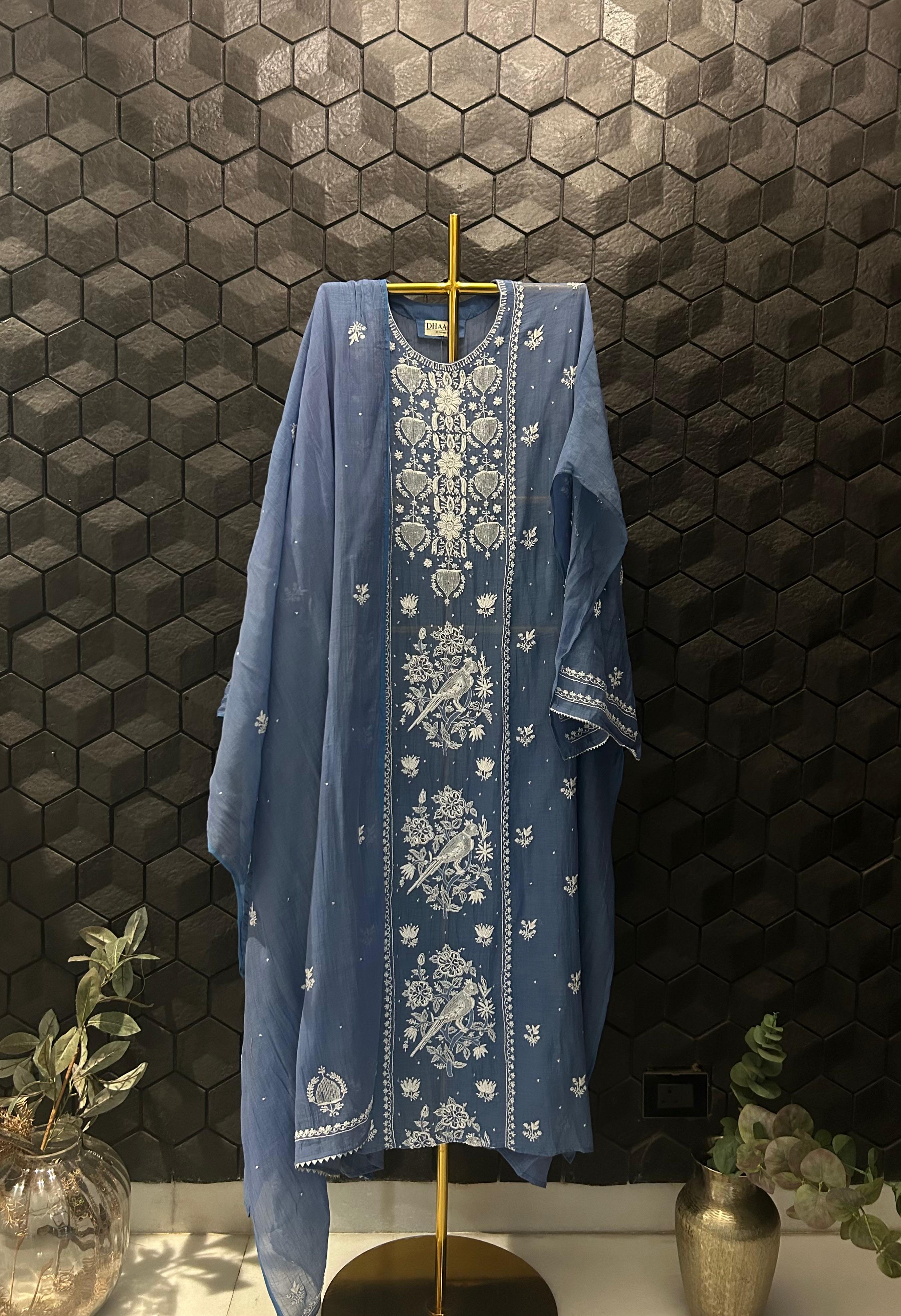 Cobalt blue mul chanderi chikankari kurta set