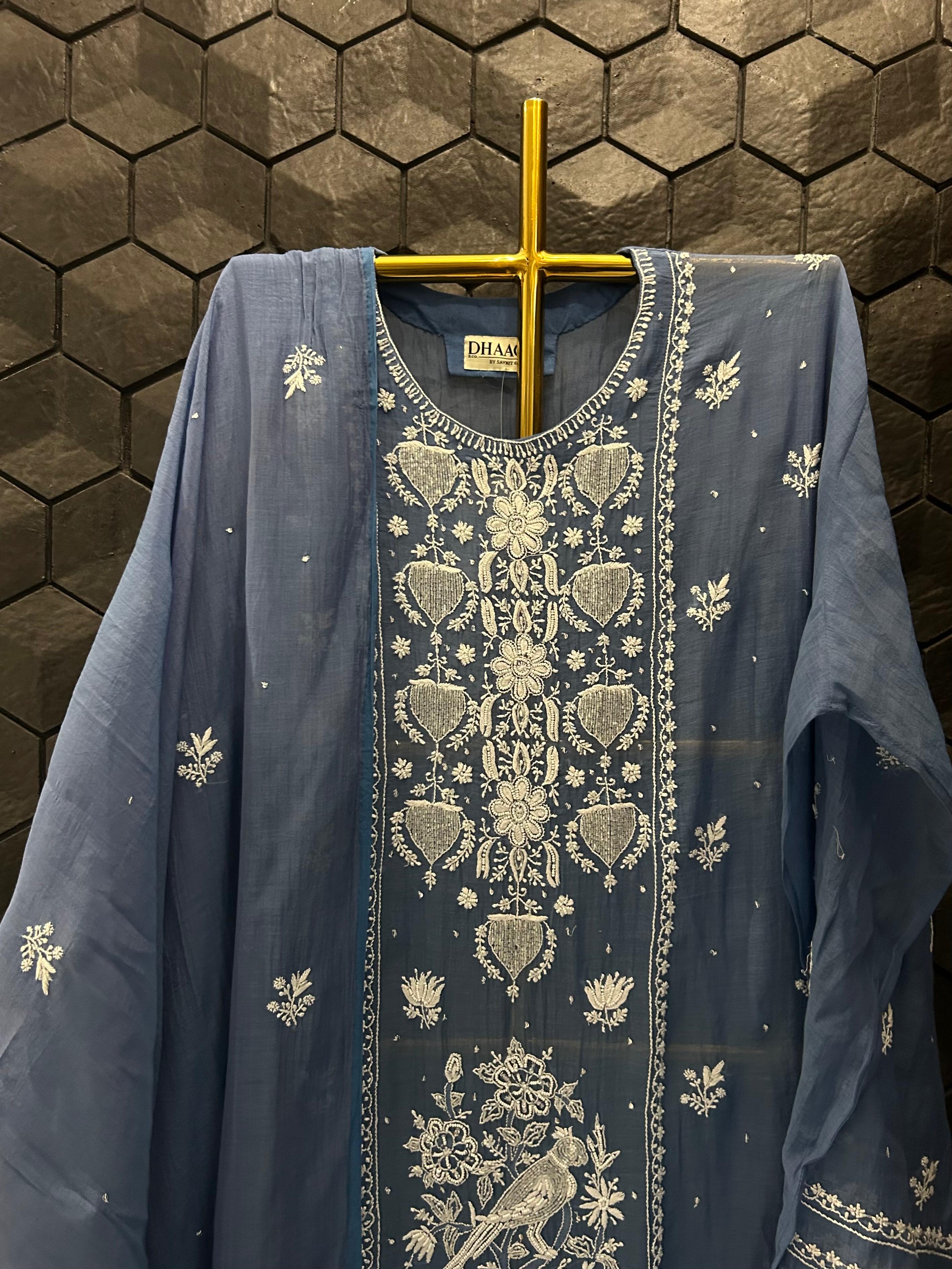 Cobalt blue mul chanderi chikankari kurta set