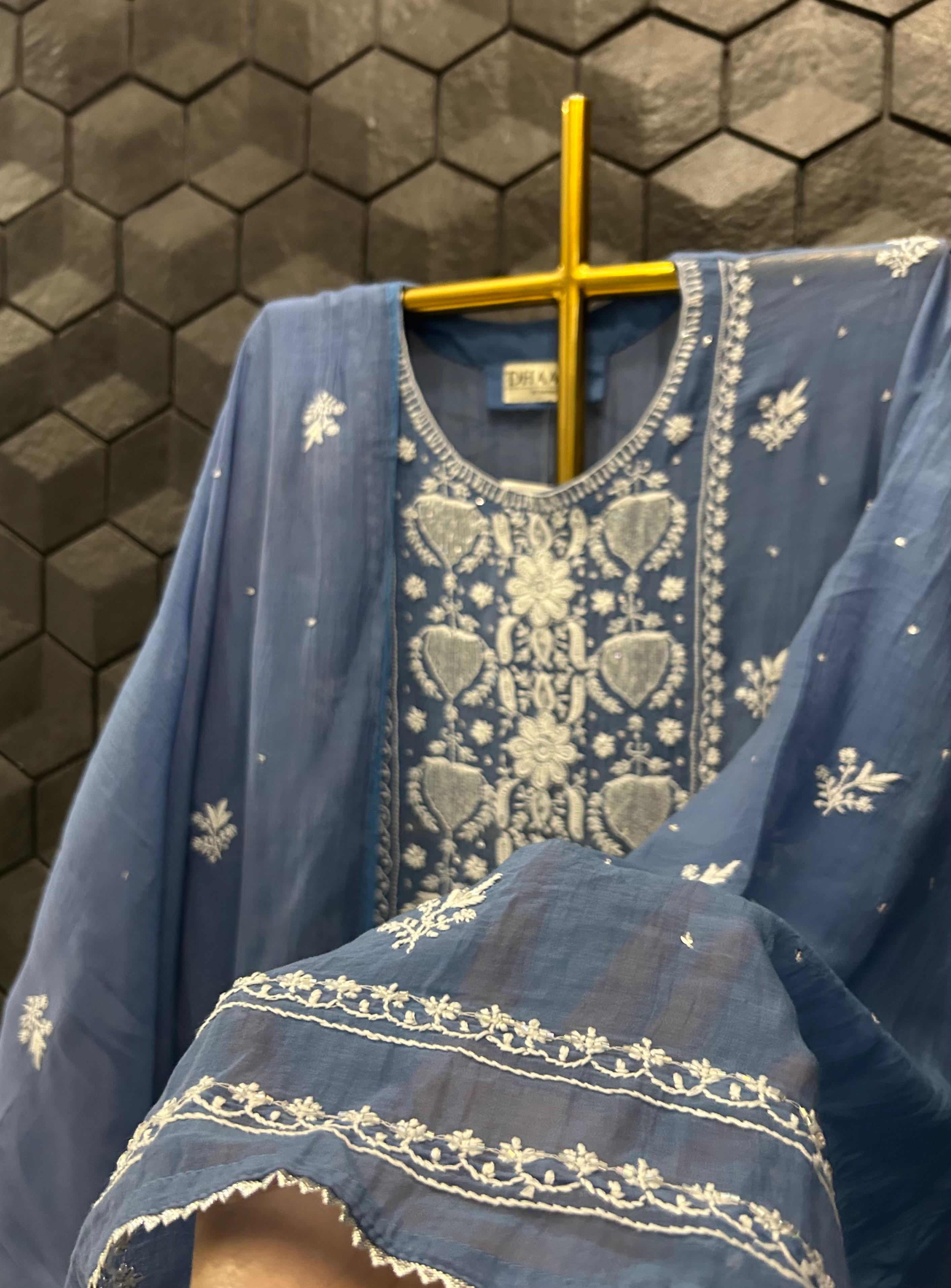 Cobalt blue mul chanderi chikankari kurta set