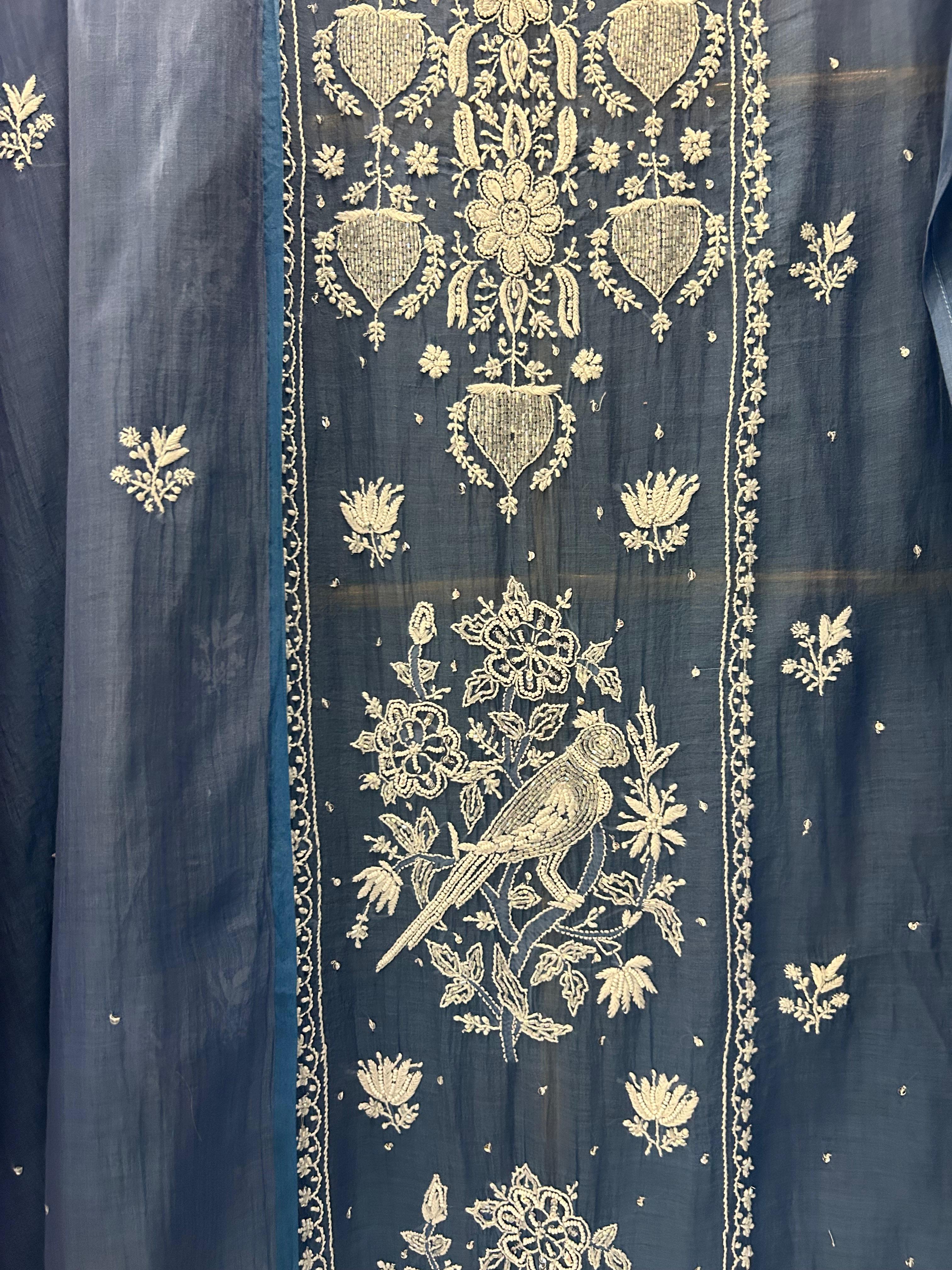 Cobalt blue mul chanderi chikankari kurta set