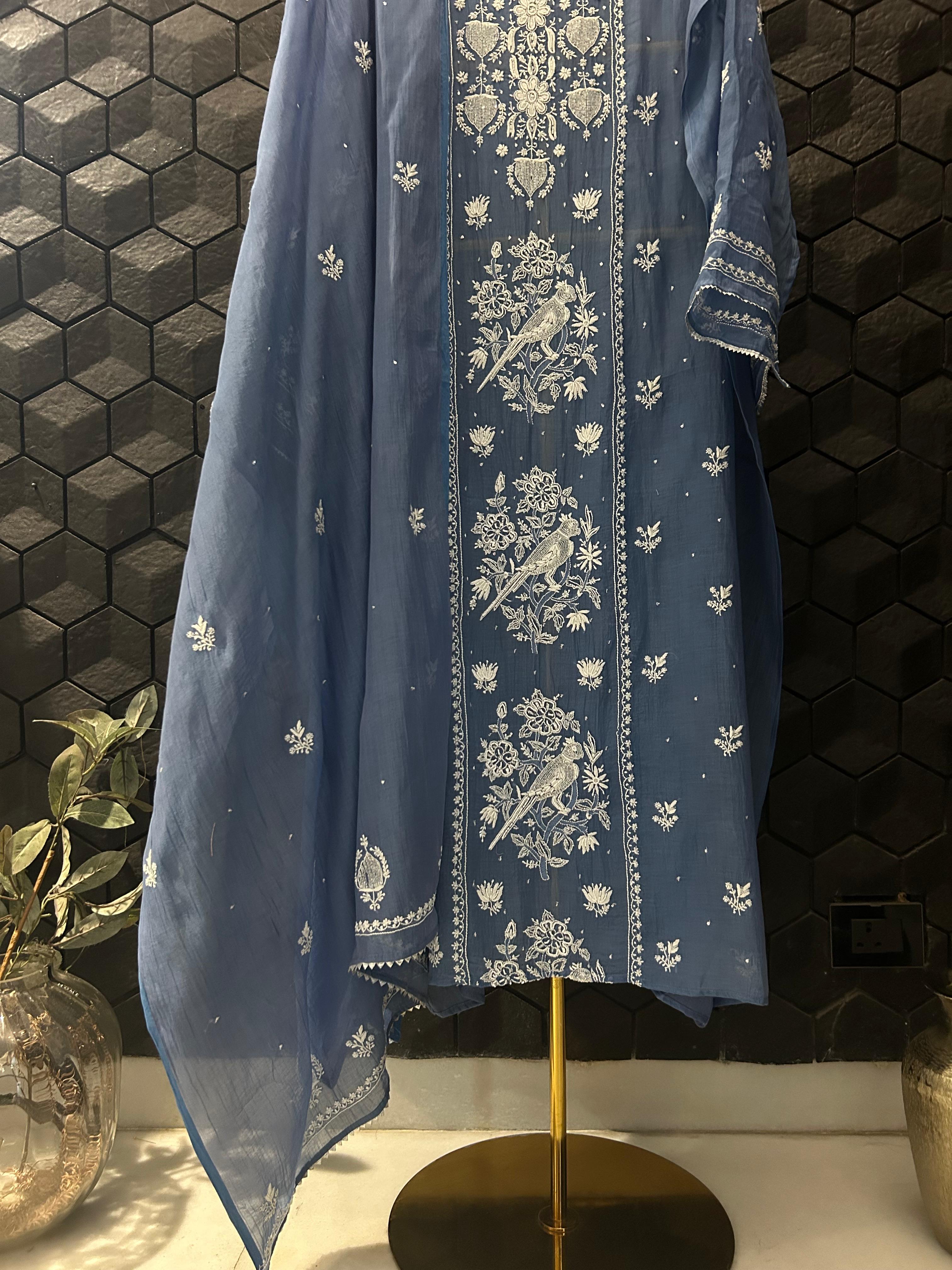Cobalt blue mul chanderi chikankari kurta set