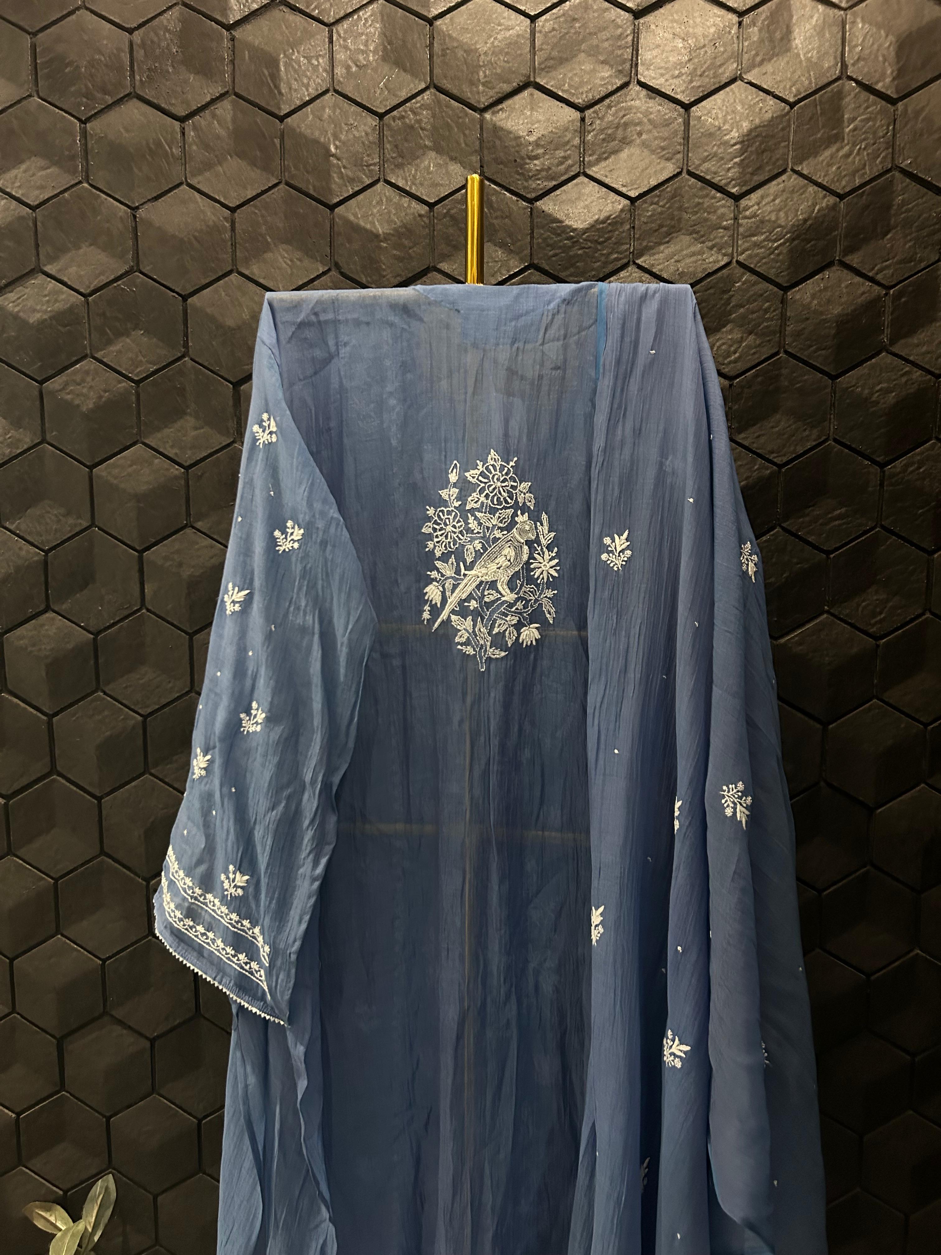 Cobalt blue mul chanderi chikankari kurta set