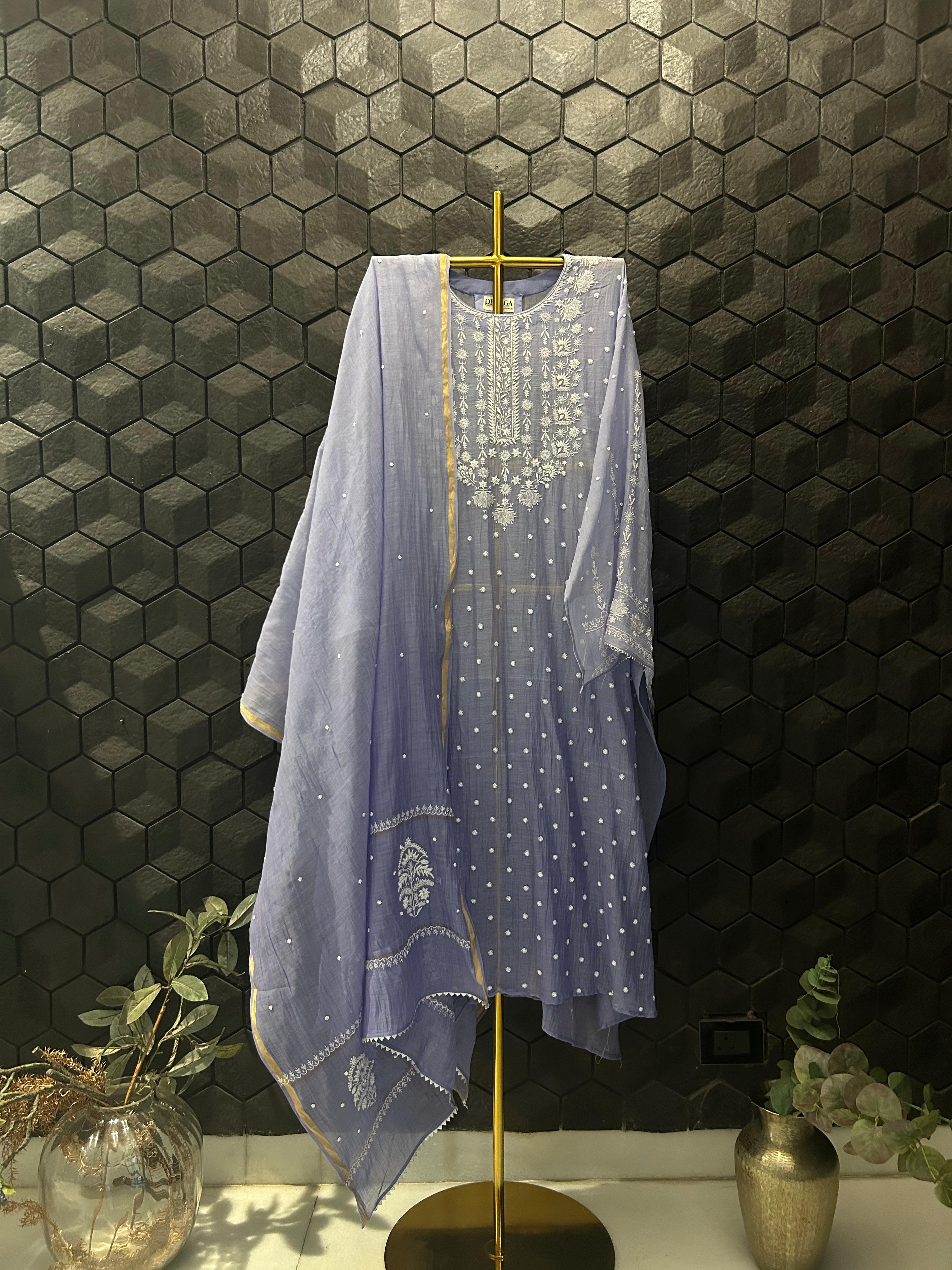 Purple mul chanderi chikankari kurta set