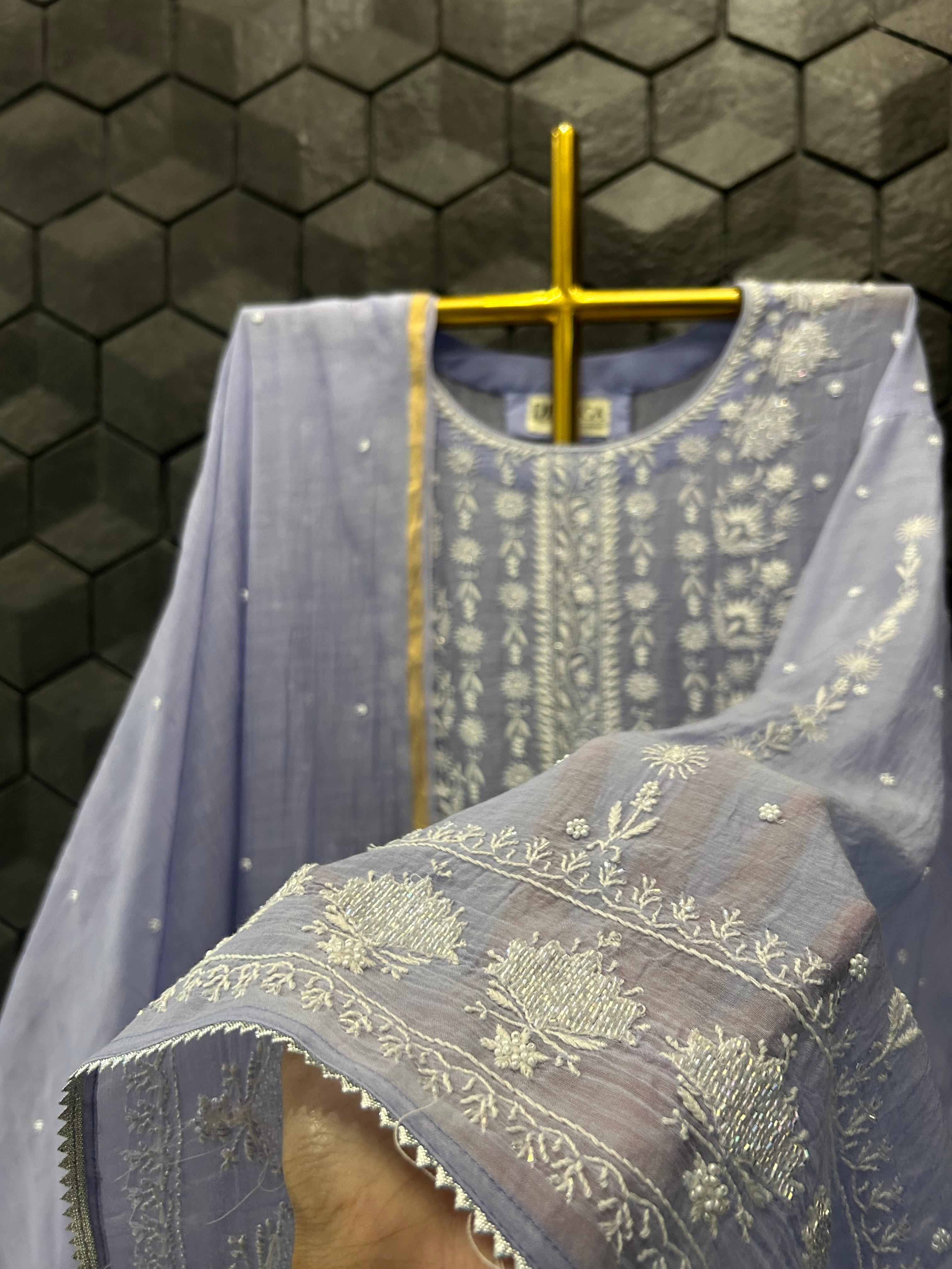 Purple mul chanderi chikankari kurta set