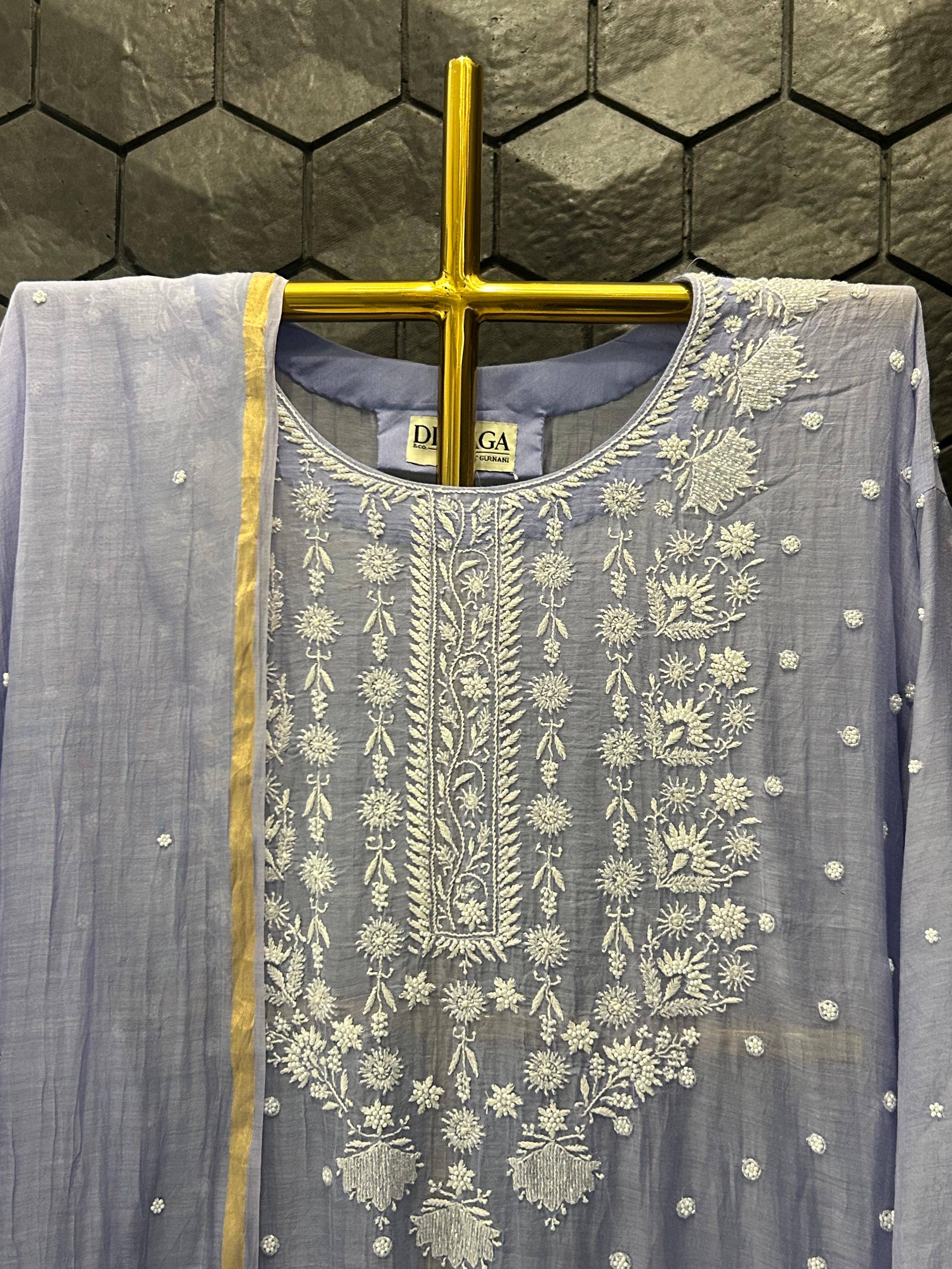Purple mul chanderi chikankari kurta set