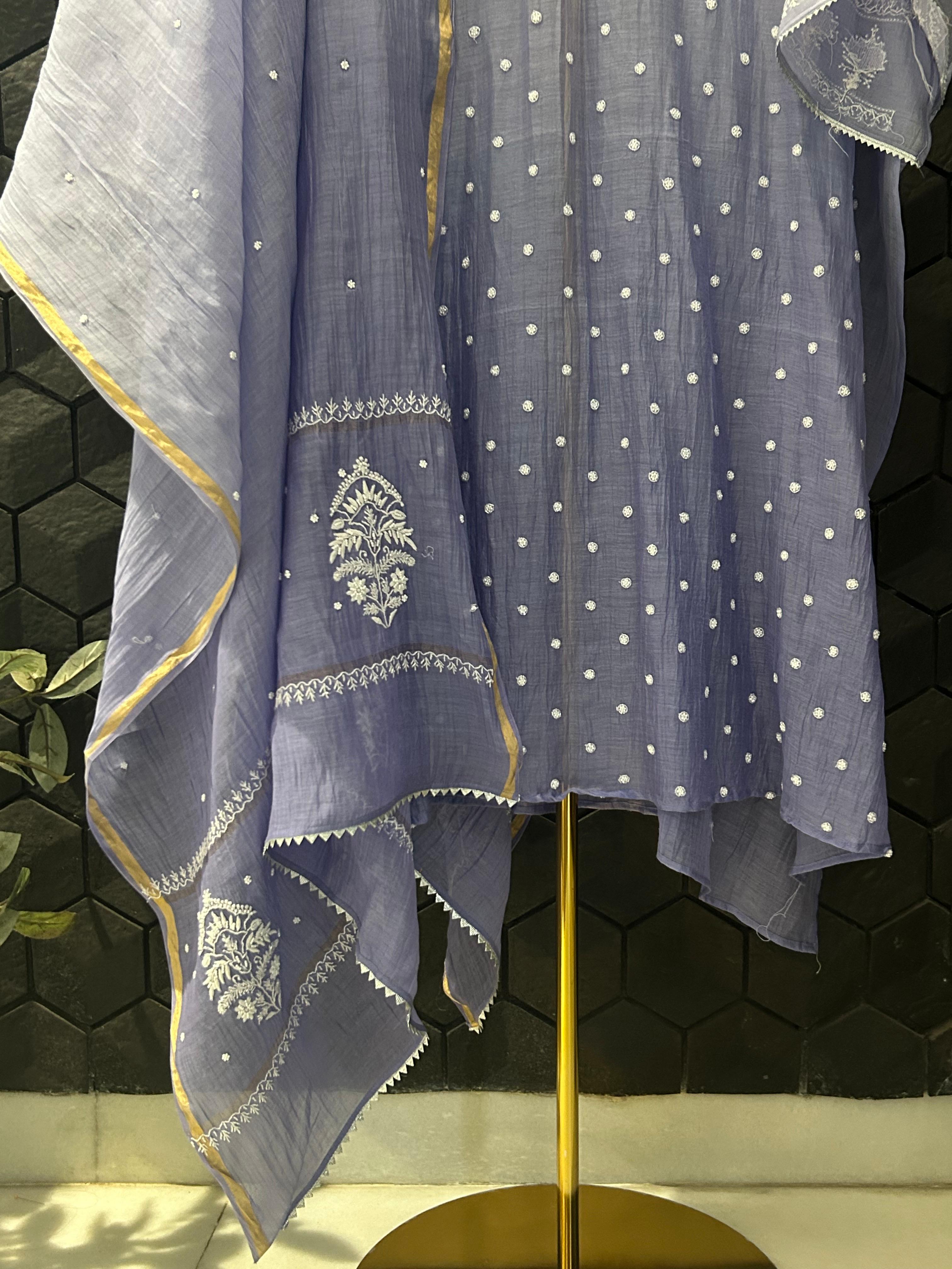 Purple mul chanderi chikankari kurta set
