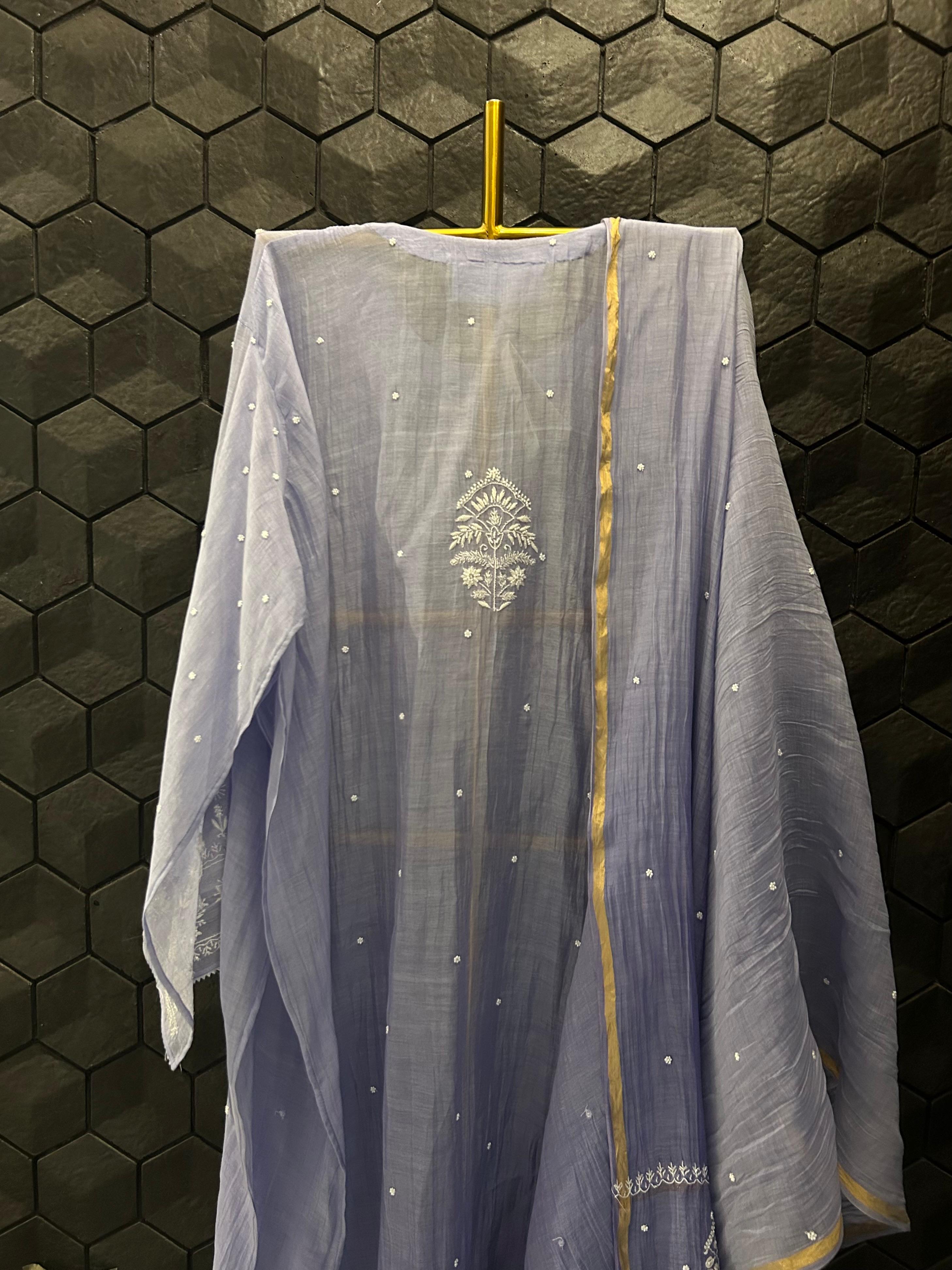 Purple mul chanderi chikankari kurta set