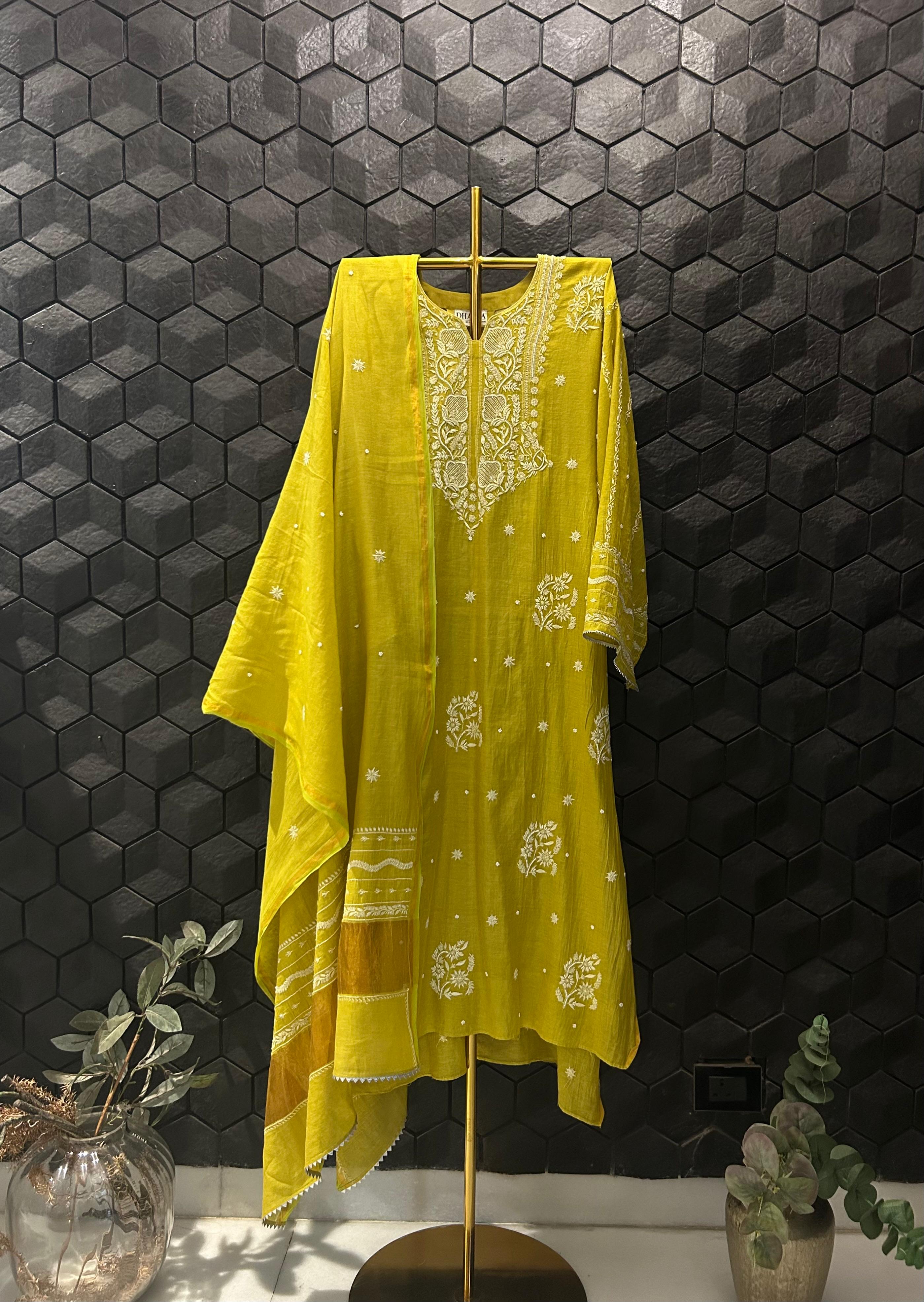Lime green tissue chikanakri kurta set