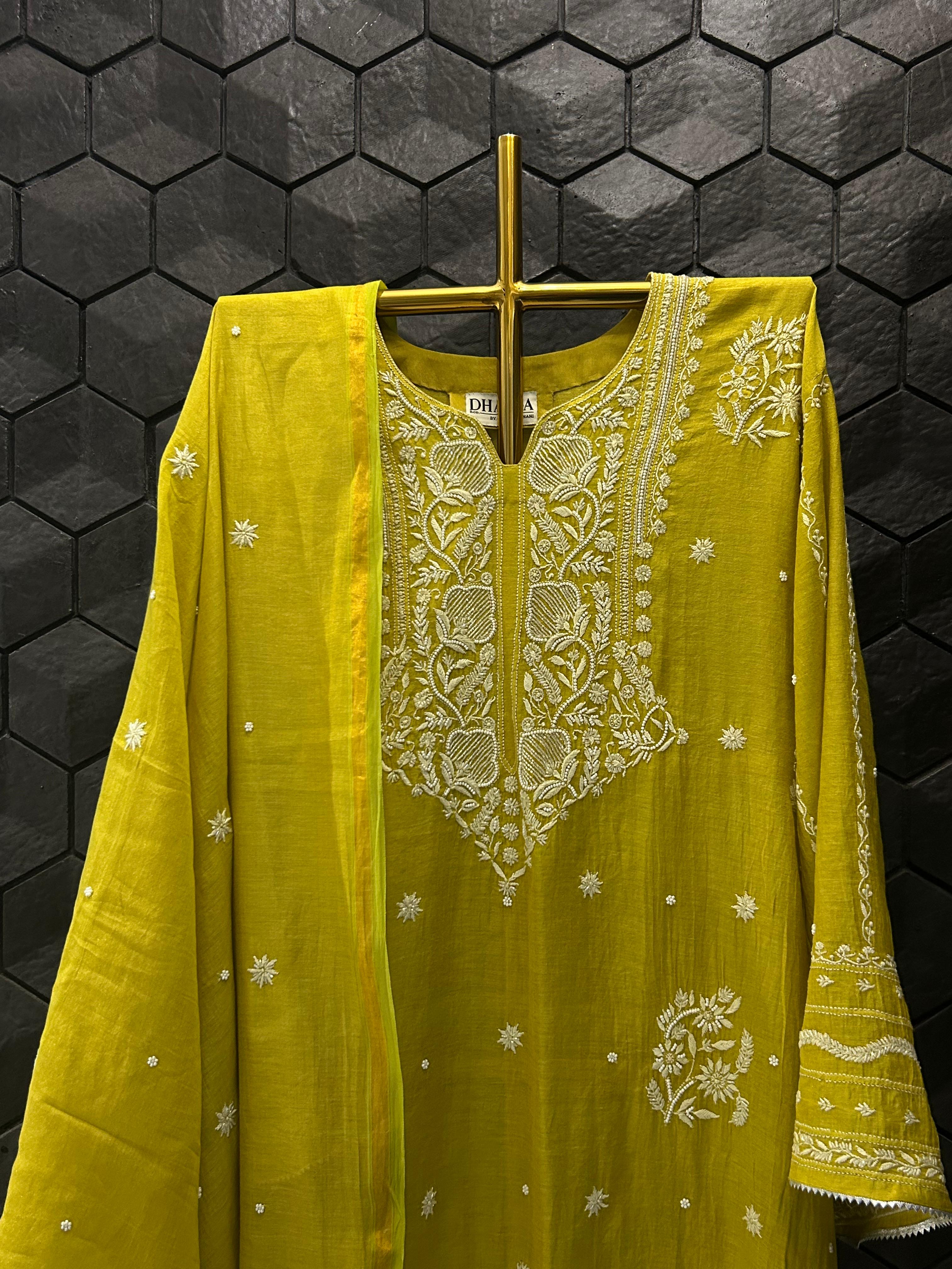 Lime green tissue chikanakri kurta set