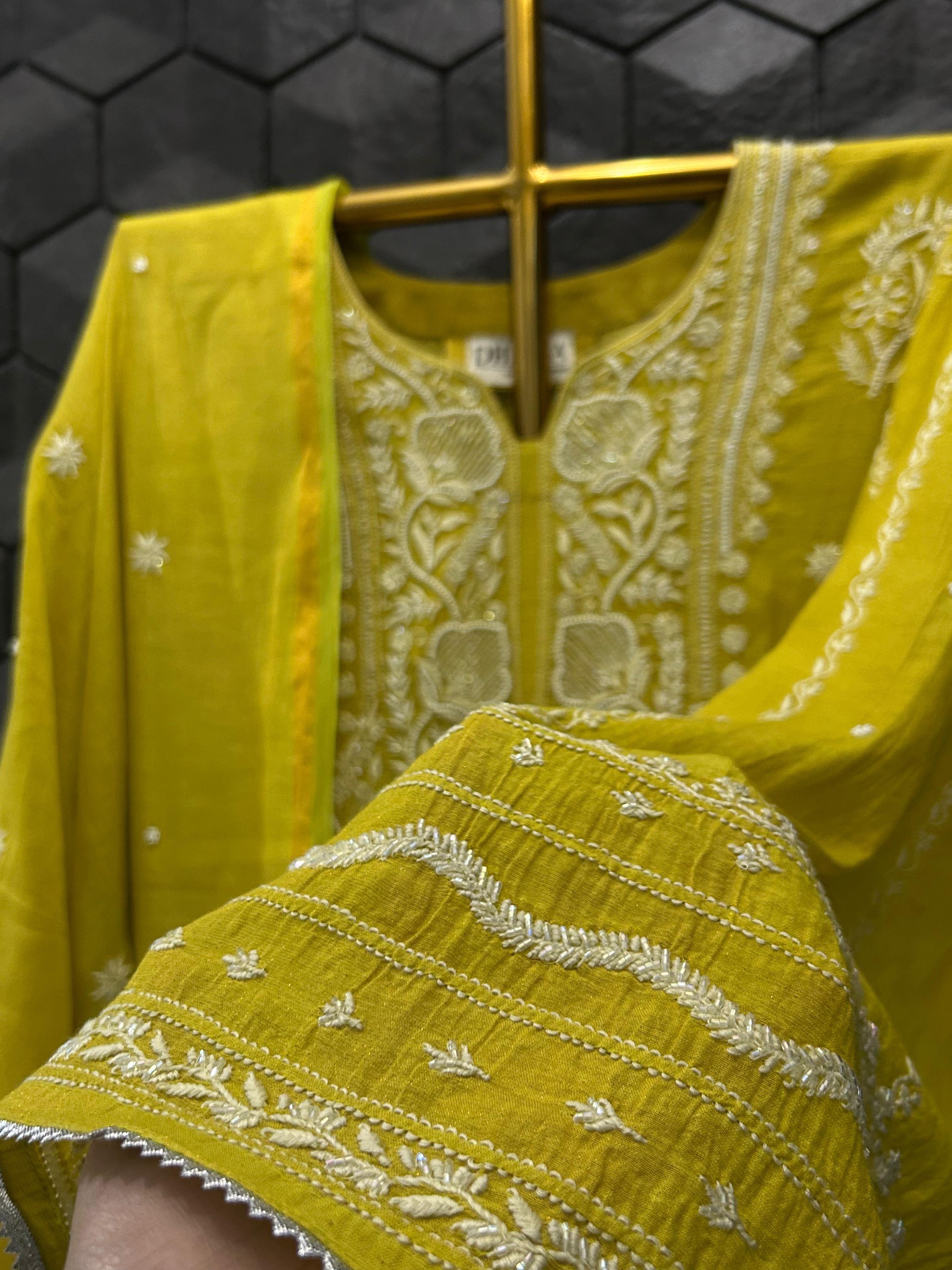 Lime green tissue chikanakri kurta set