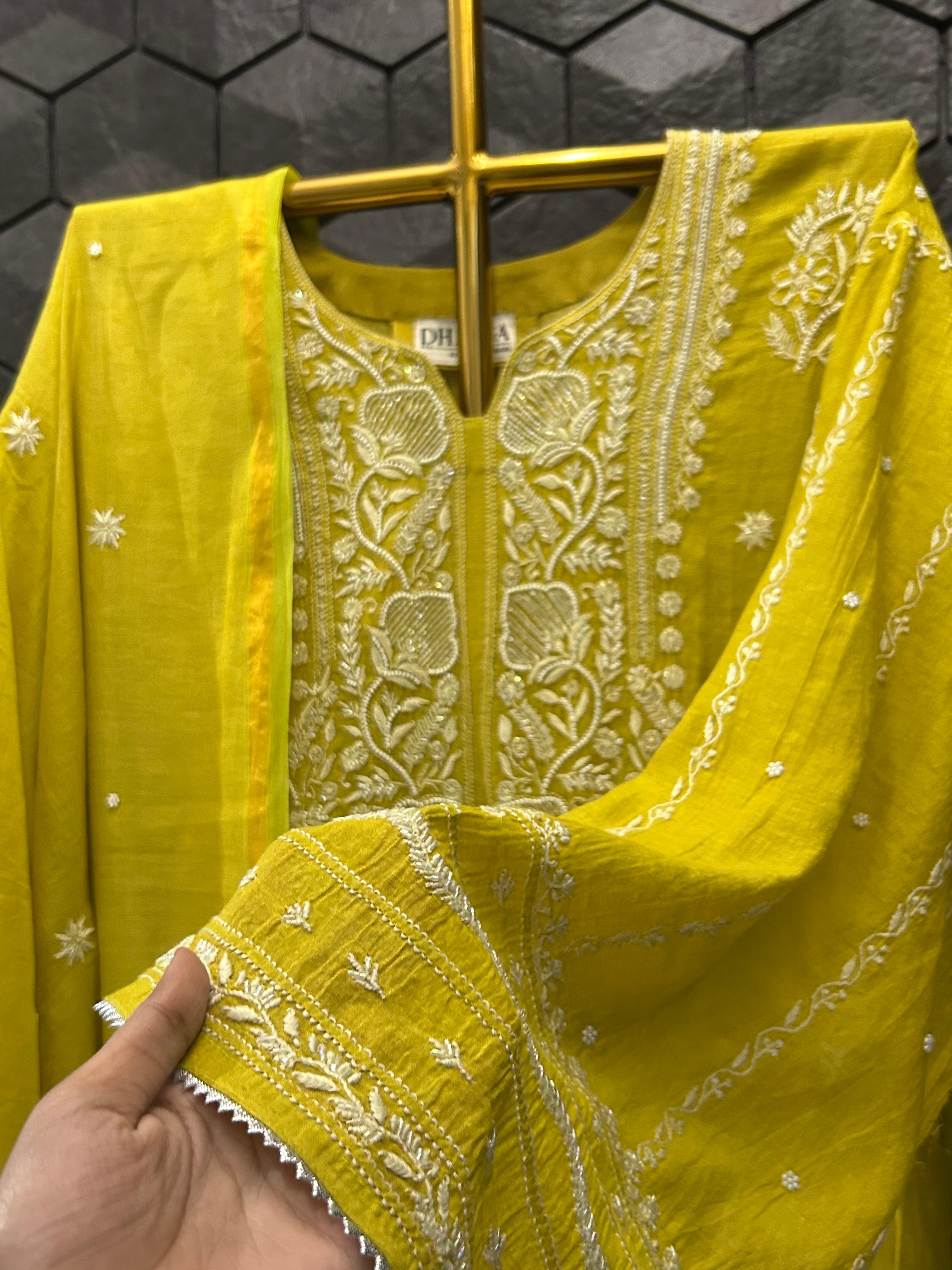Lime green tissue chikanakri kurta set