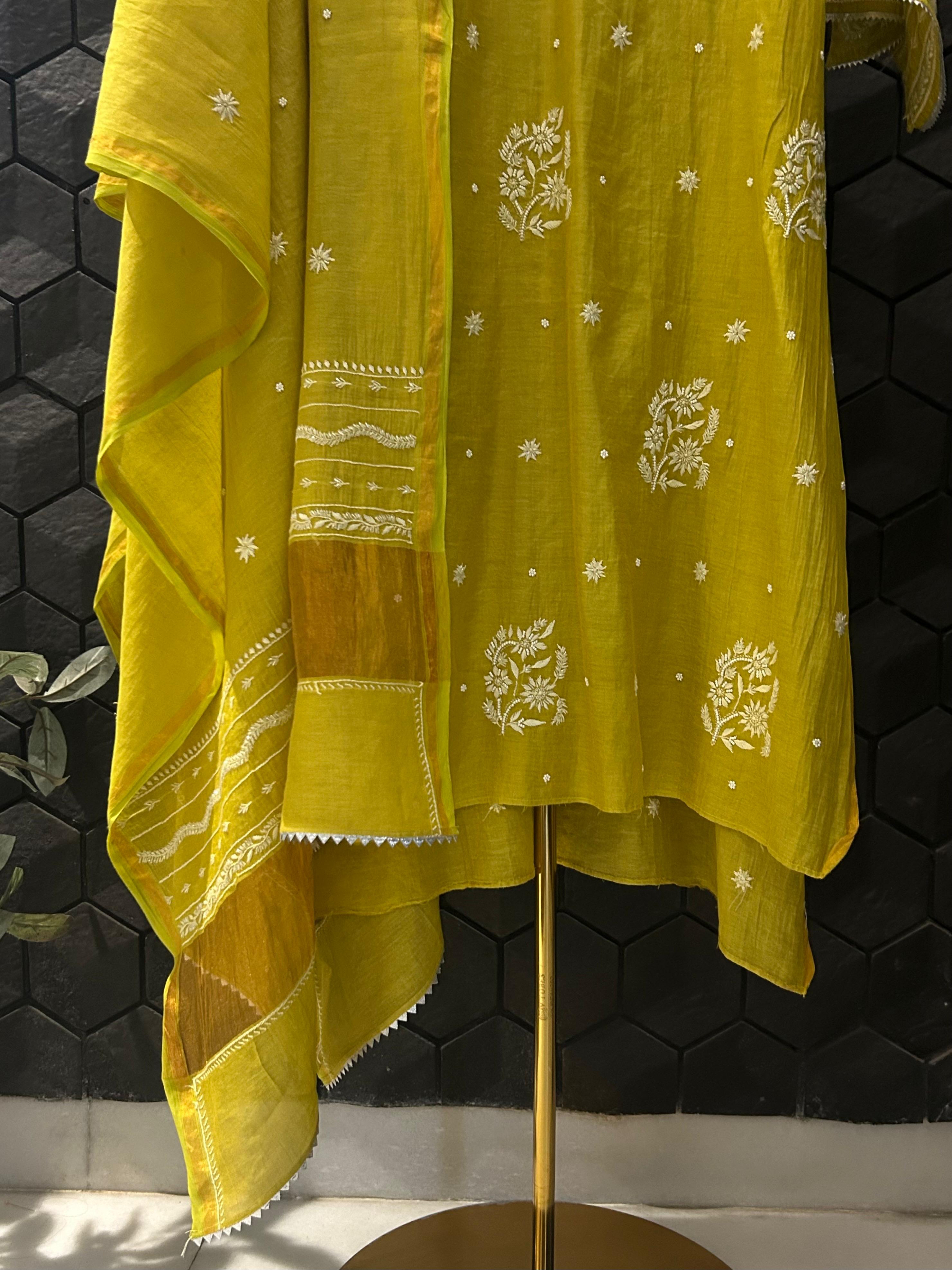 Lime green tissue chikanakri kurta set