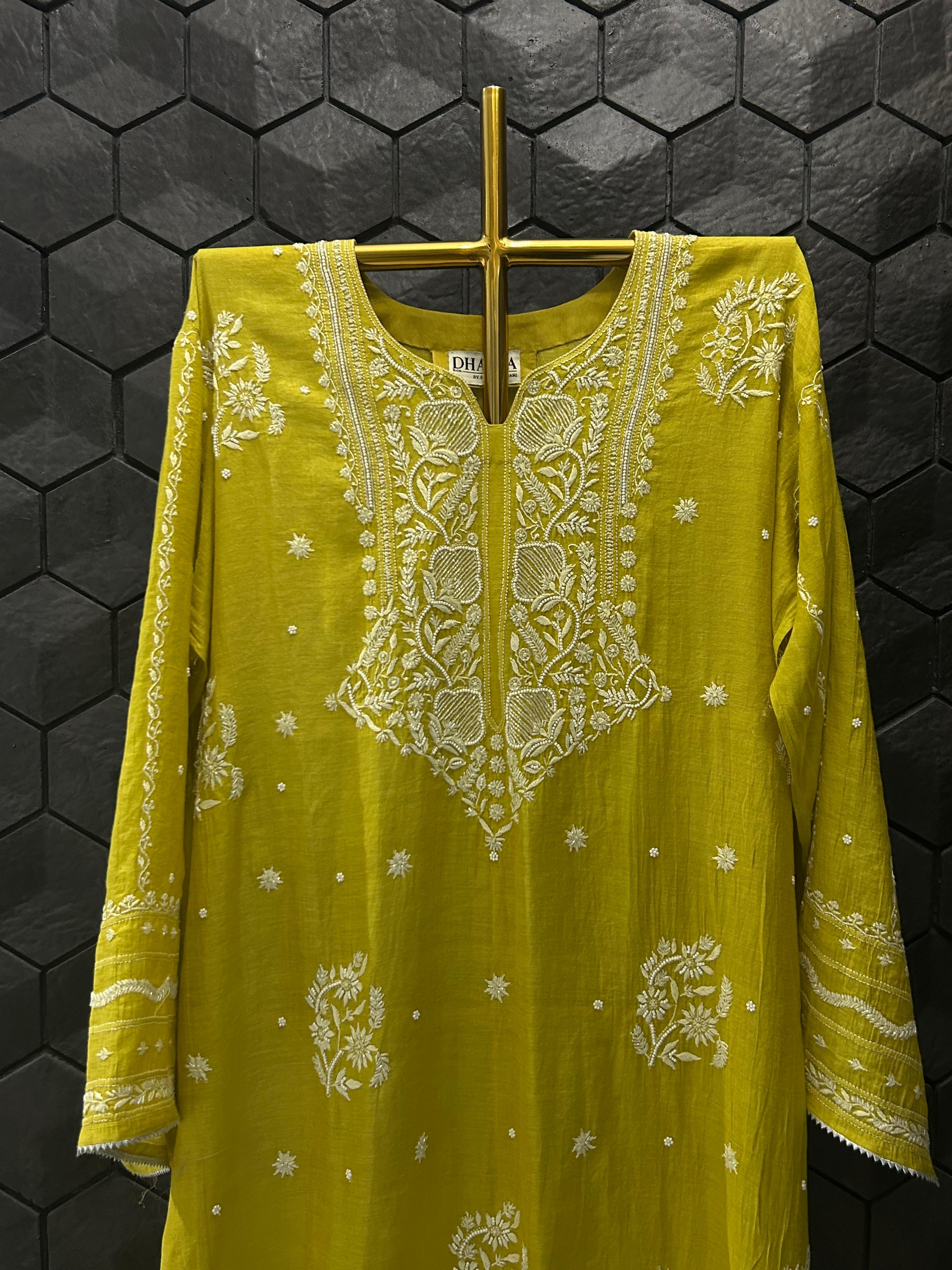 Lime green tissue chikanakri kurta set