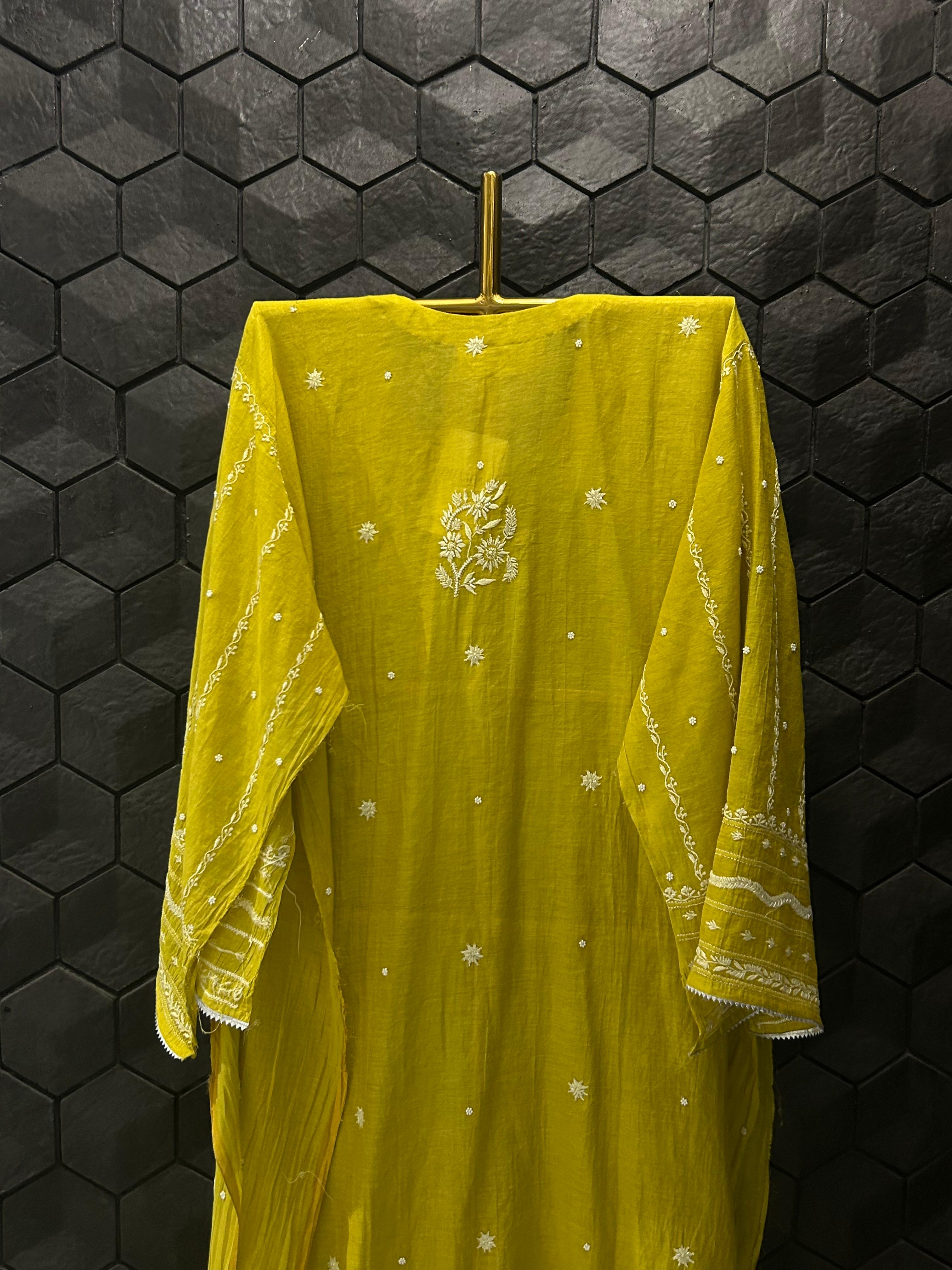 Lime green tissue chikanakri kurta set