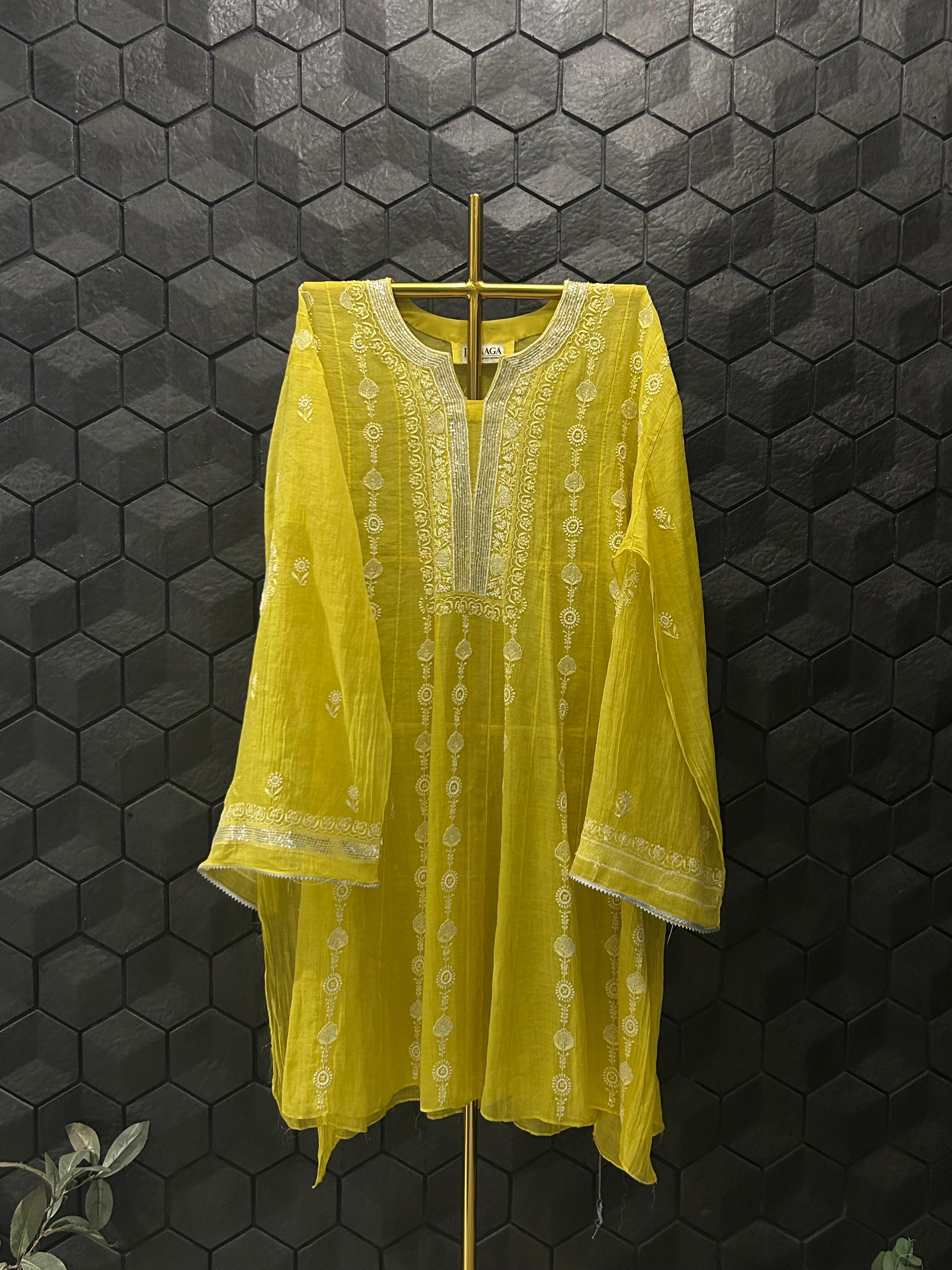 Lime yellow tissue chikankari co-ord set