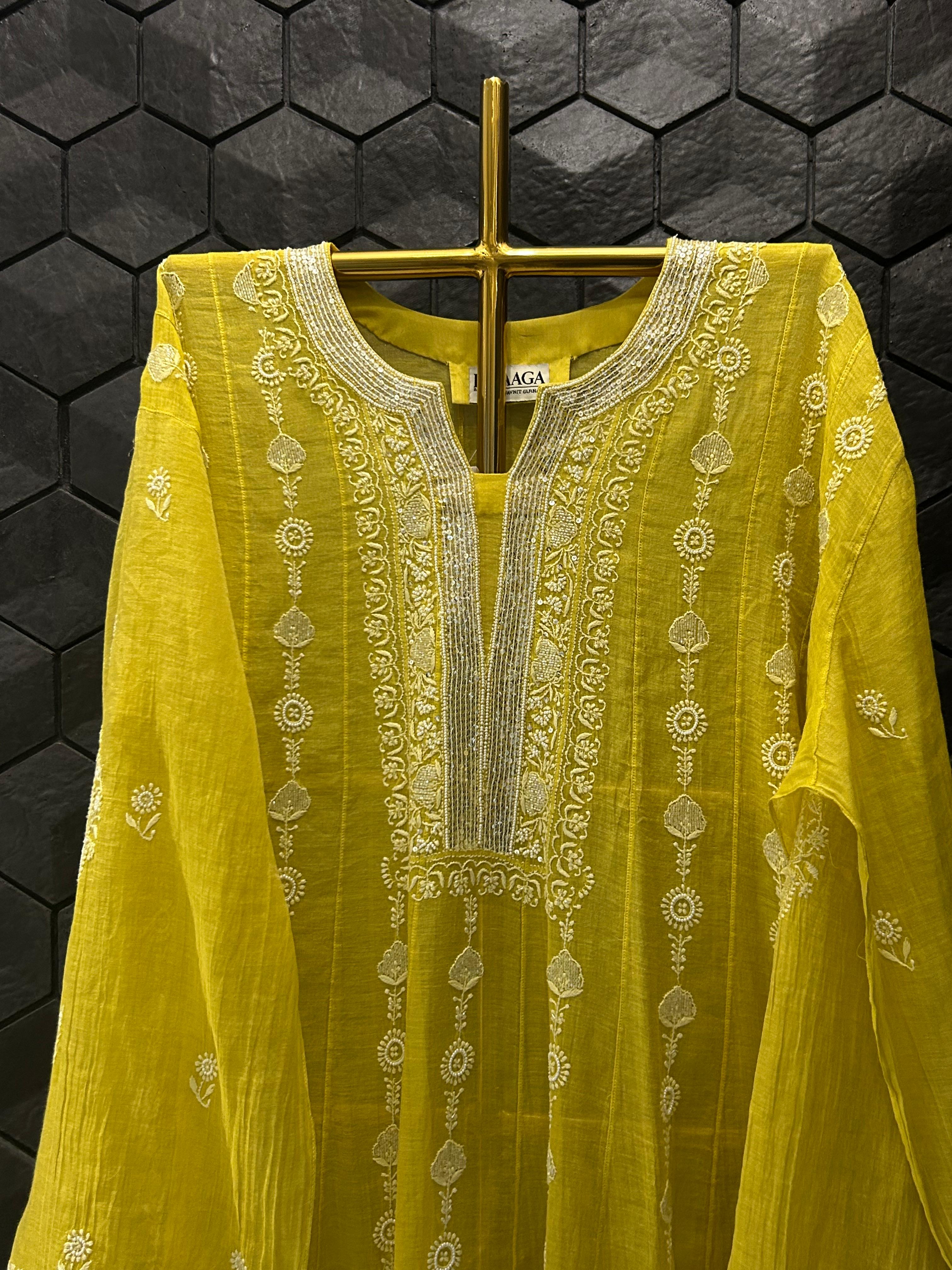 Lime yellow tissue chikankari co-ord set