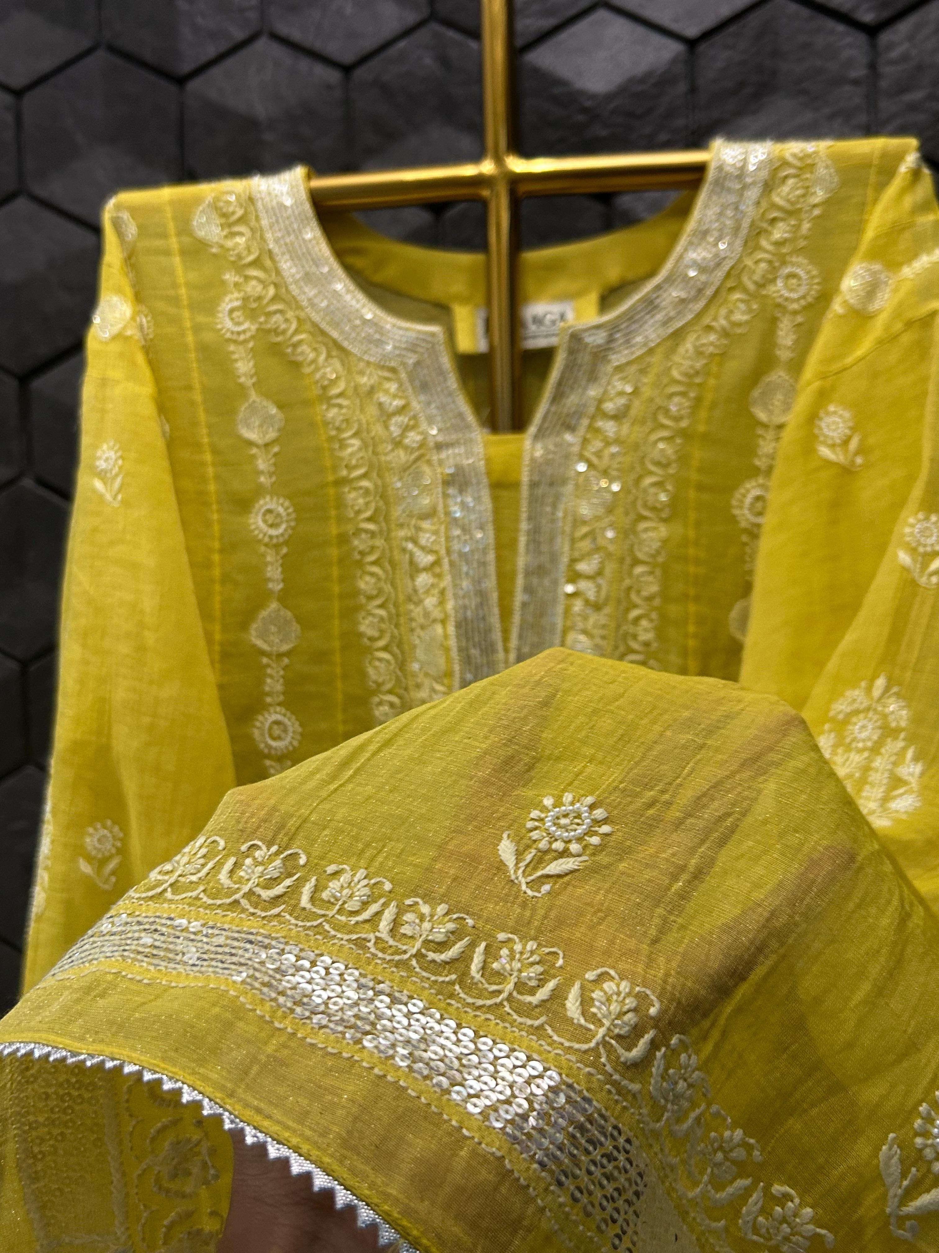 Lime yellow tissue chikankari co-ord set