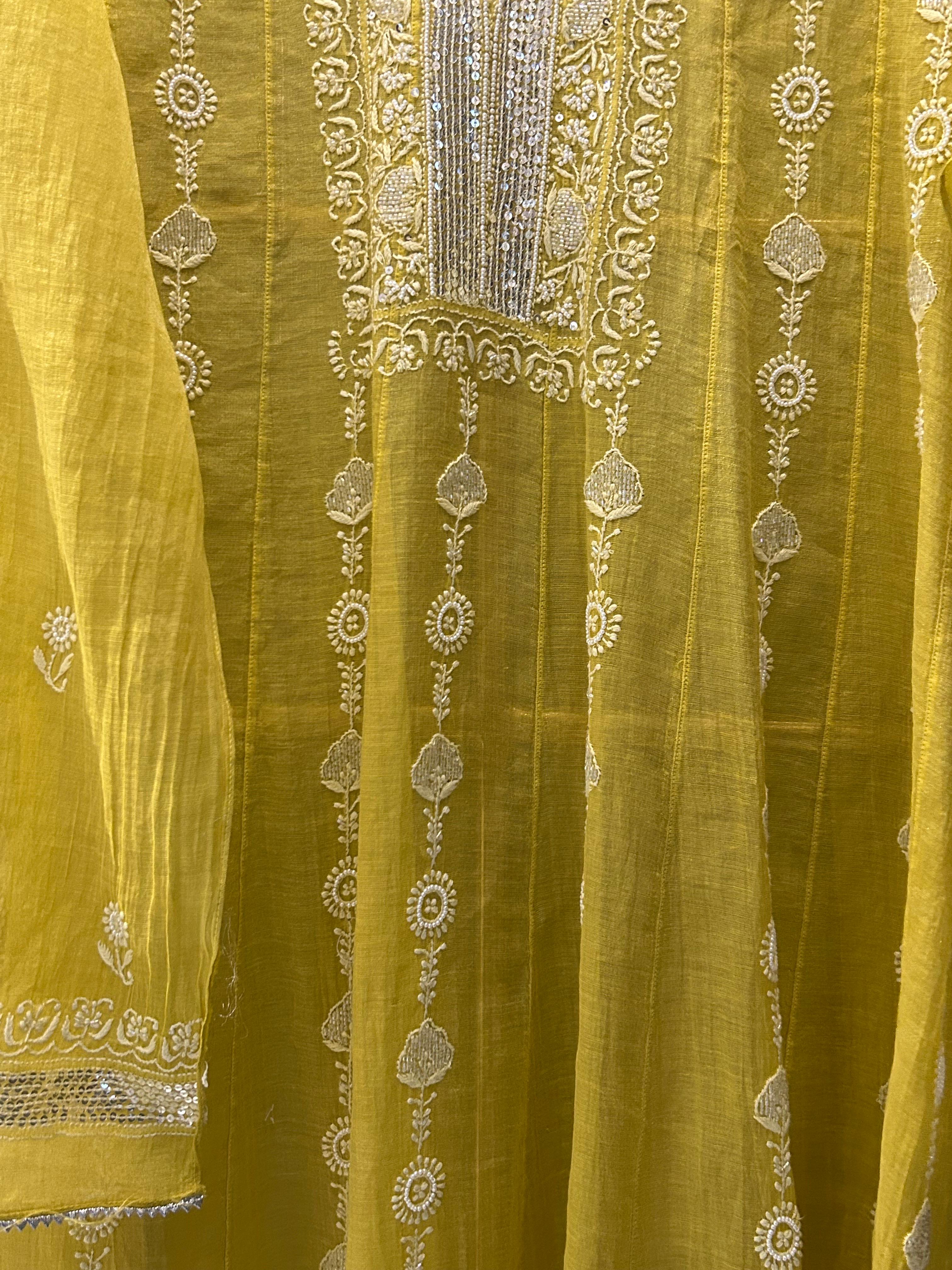 Lime yellow tissue chikankari co-ord set