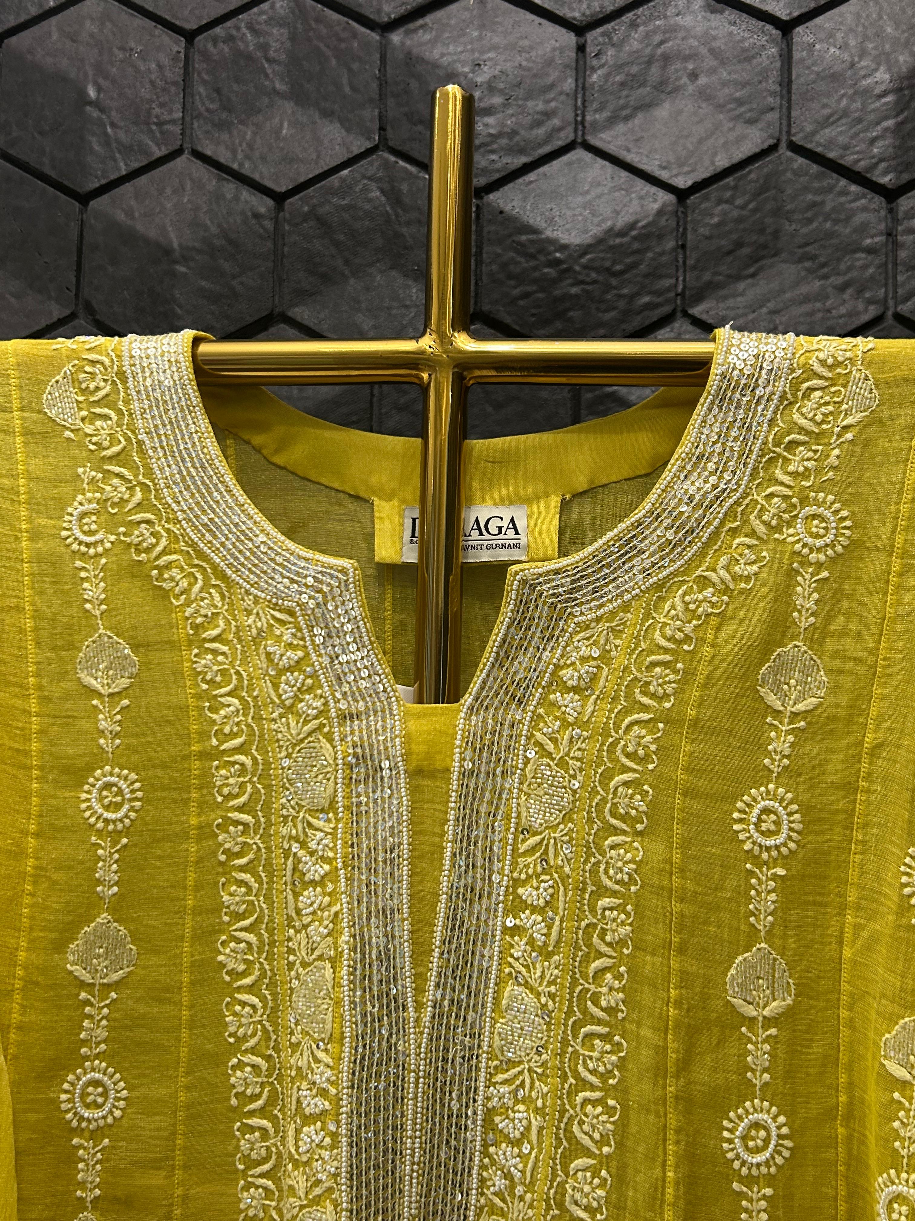 Lime yellow tissue chikankari co-ord set
