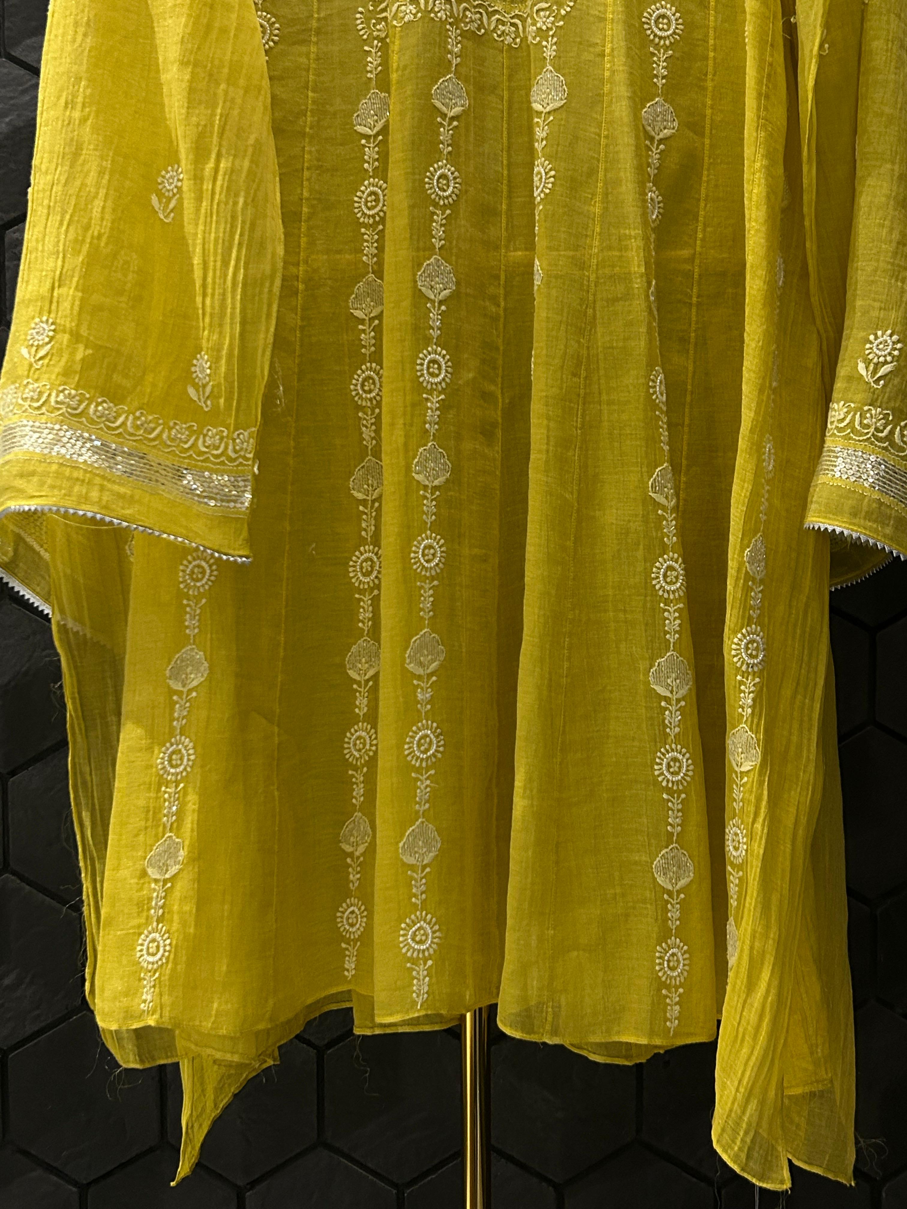 Lime yellow tissue chikankari co-ord set