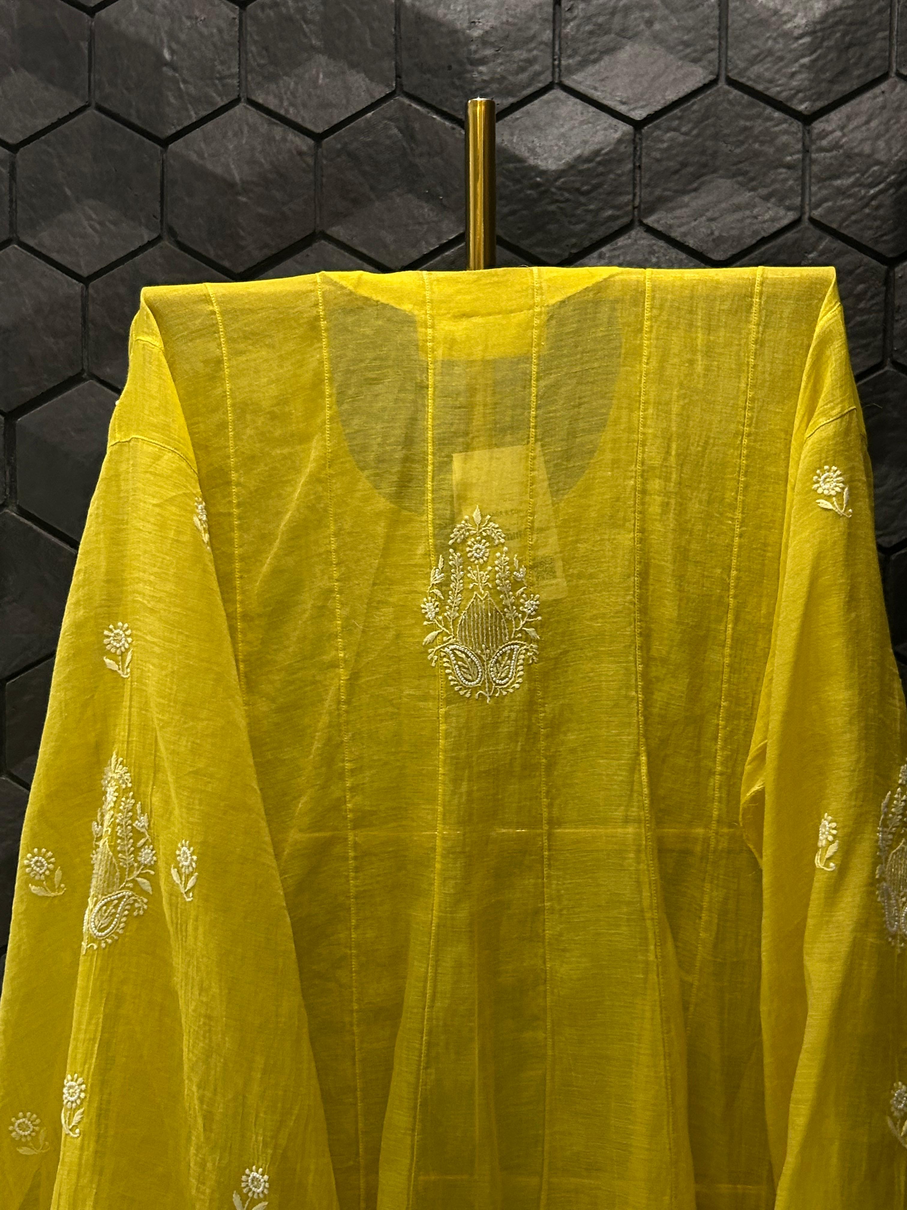 Lime yellow tissue chikankari co-ord set
