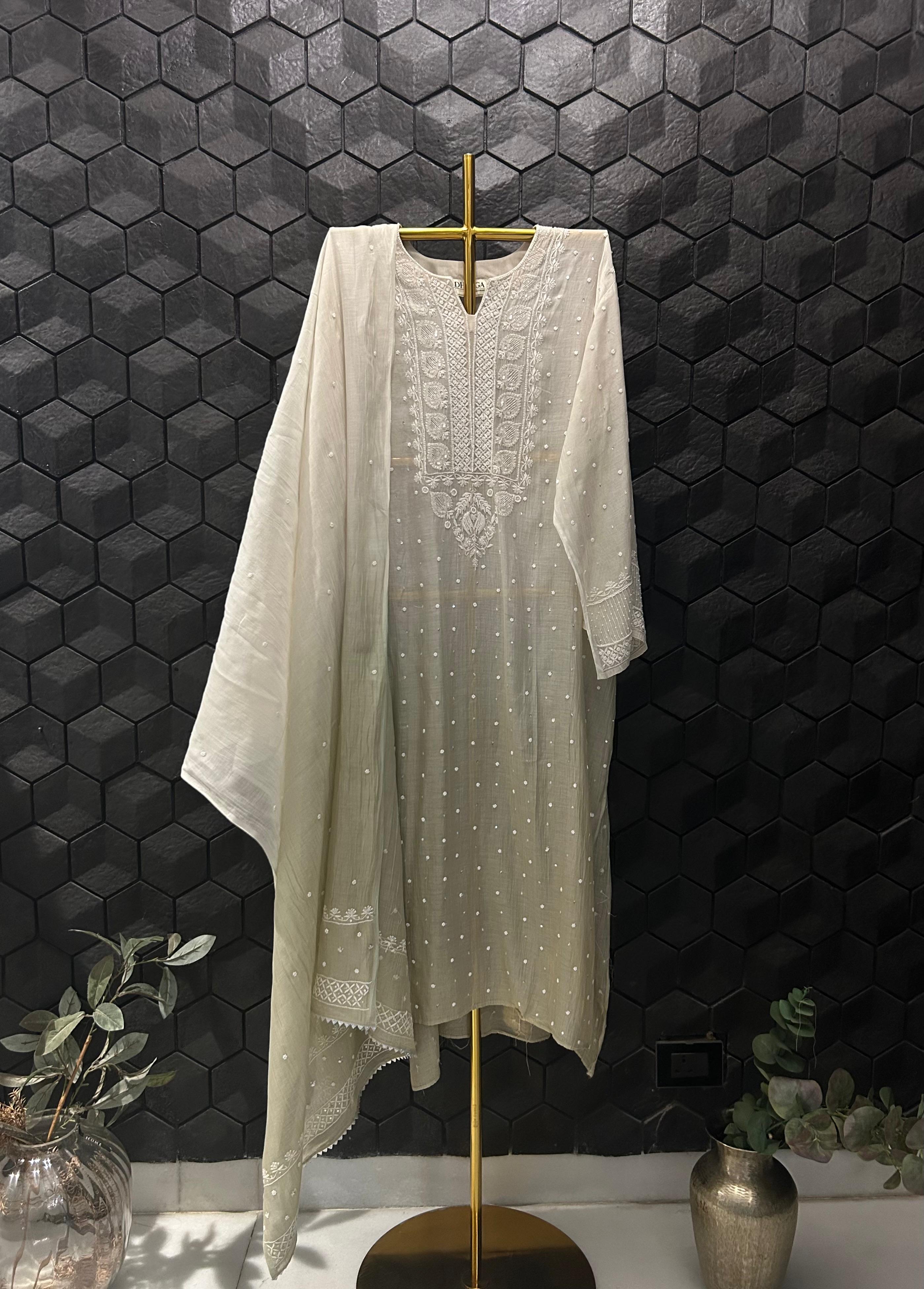 Brown mul chanderi chikankari kurta set