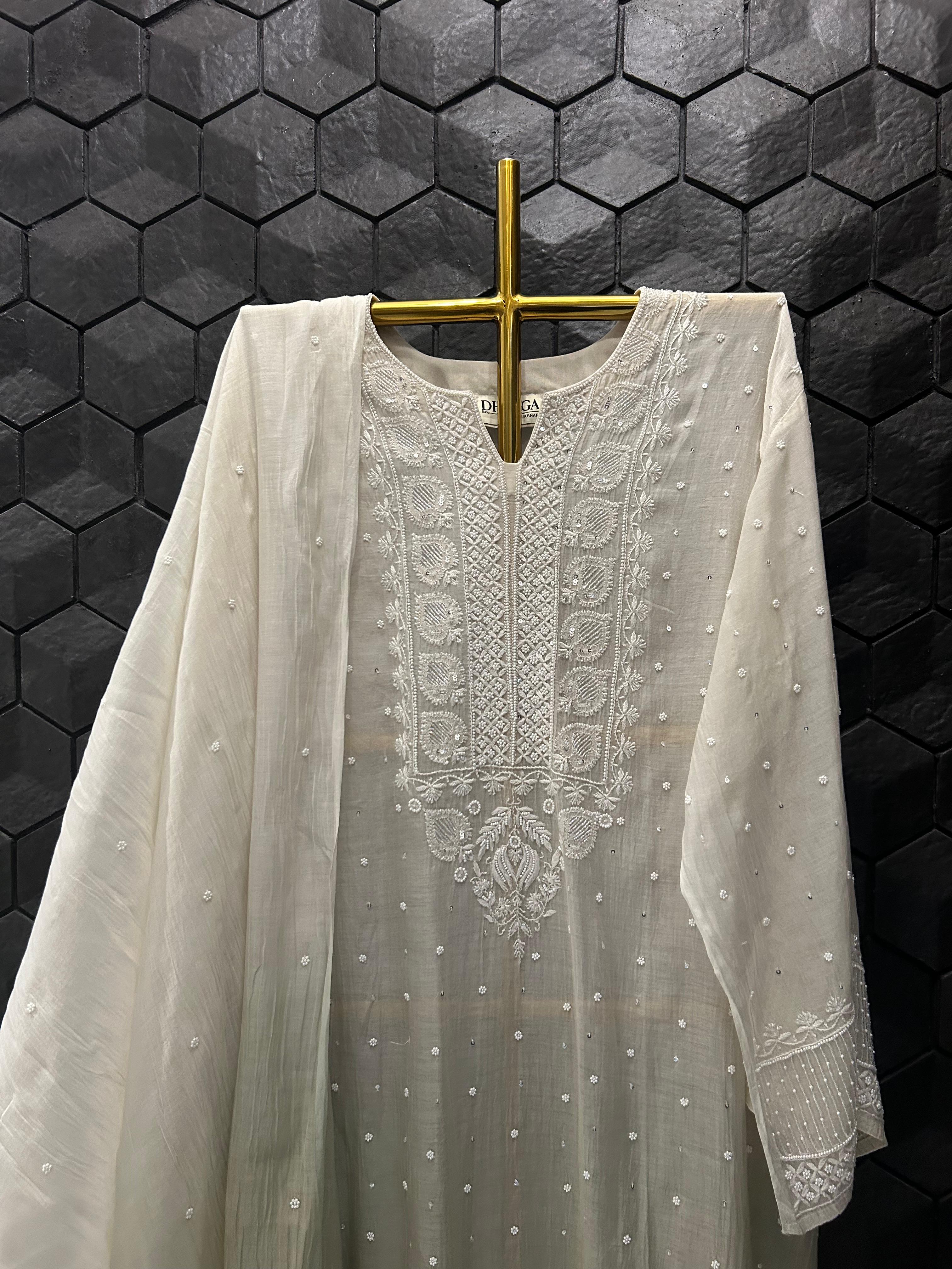 Brown mul chanderi chikankari kurta set