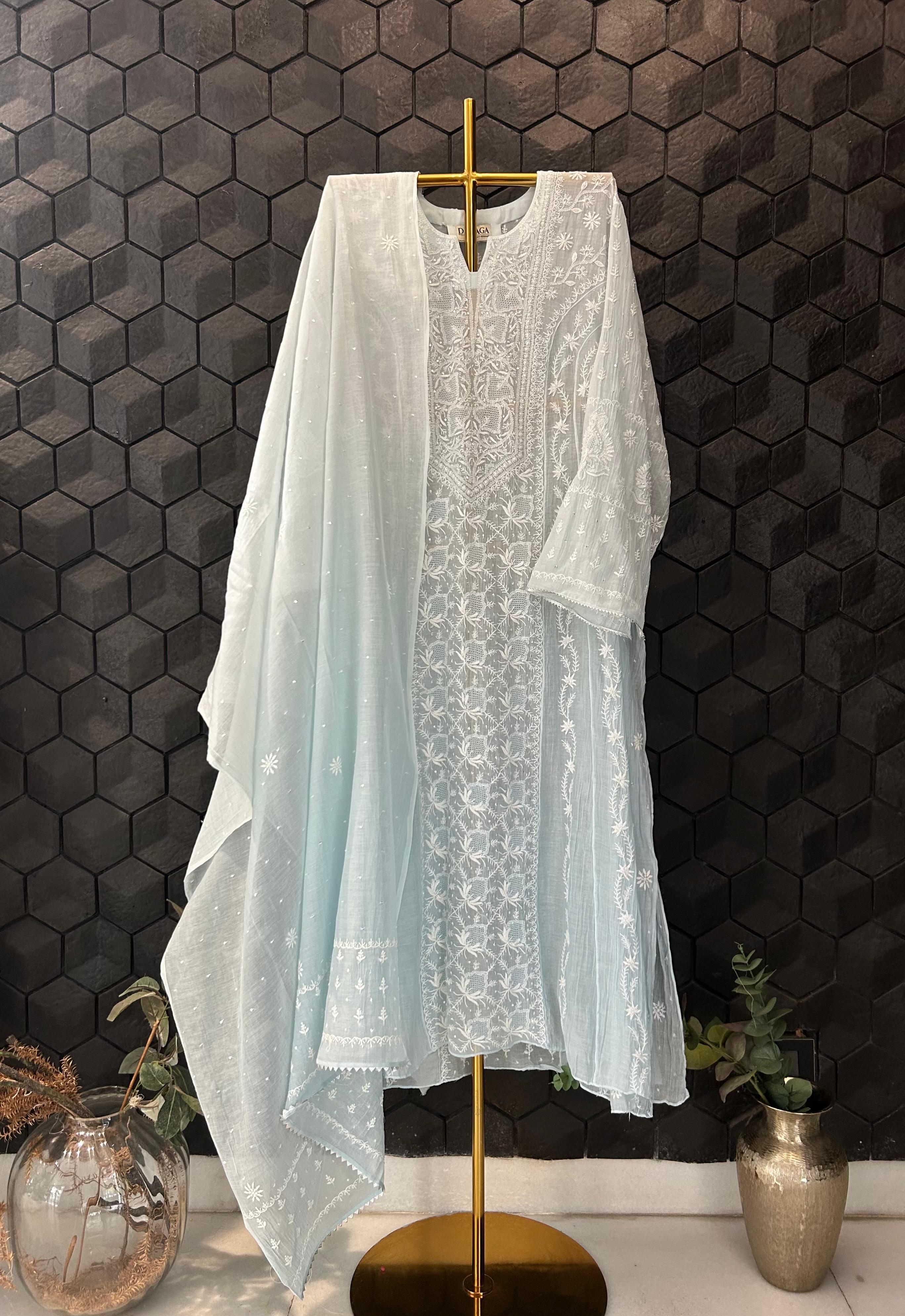 Sky blue mul chanderi chikanakri anarakali set