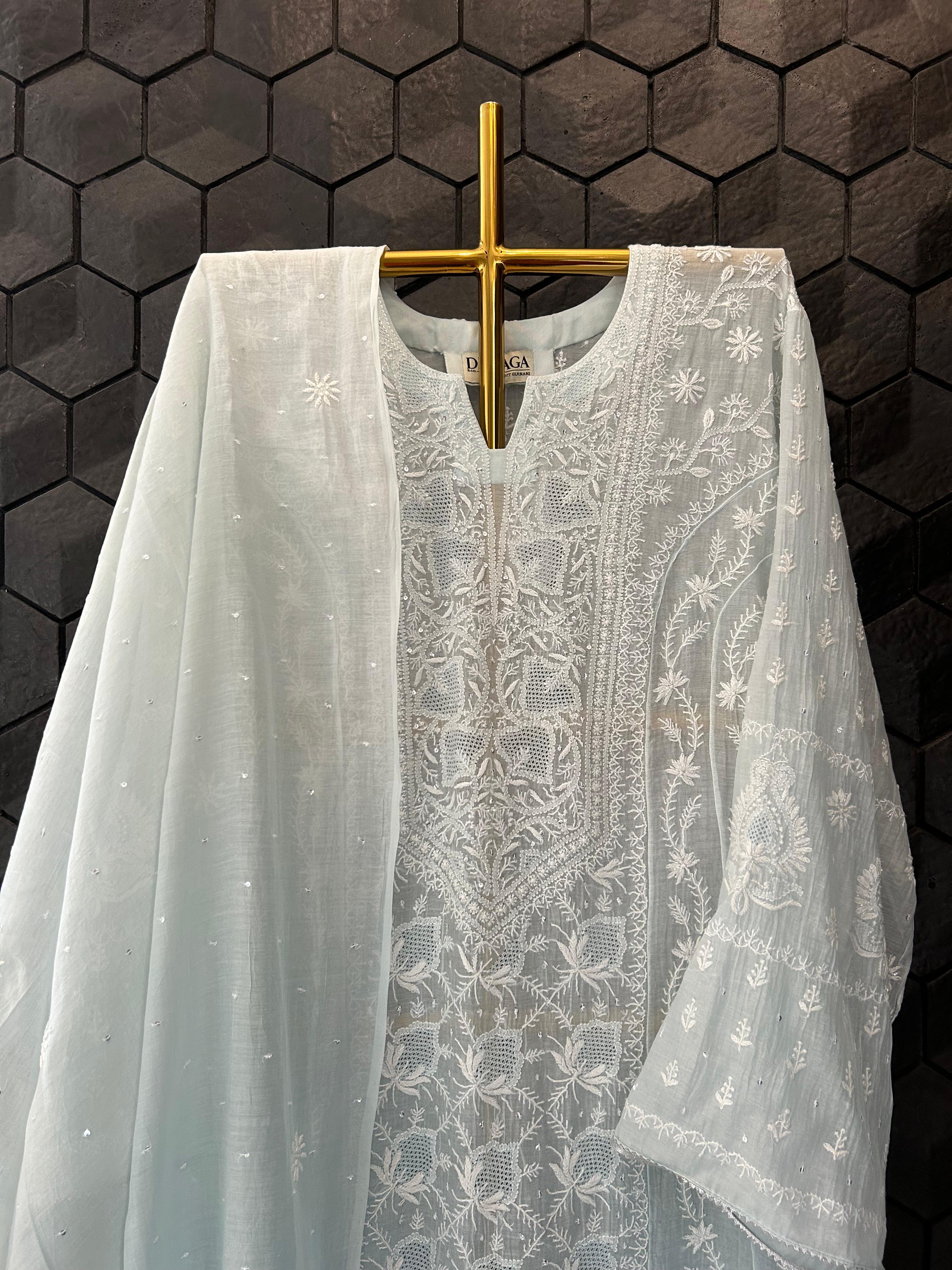 Sky blue mul chanderi chikanakri anarakali set