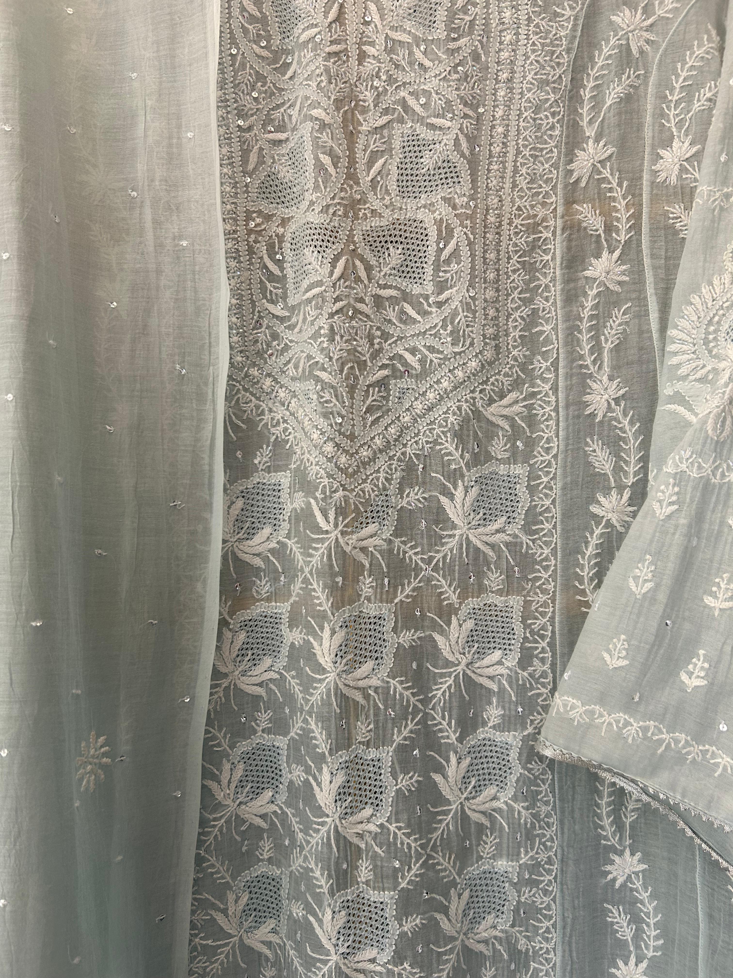 Sky blue mul chanderi chikanakri anarakali set