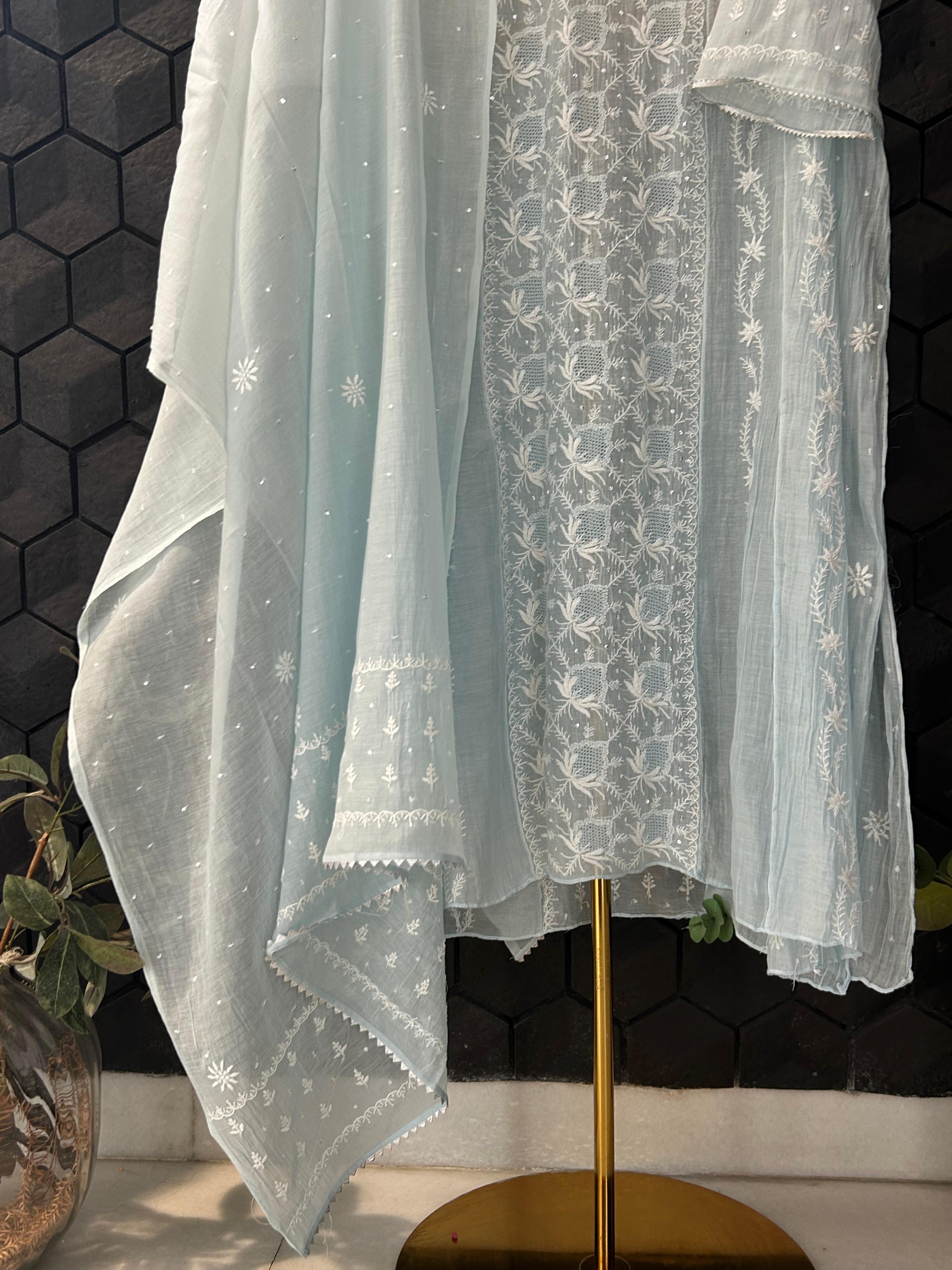 Sky blue mul chanderi chikanakri anarakali set