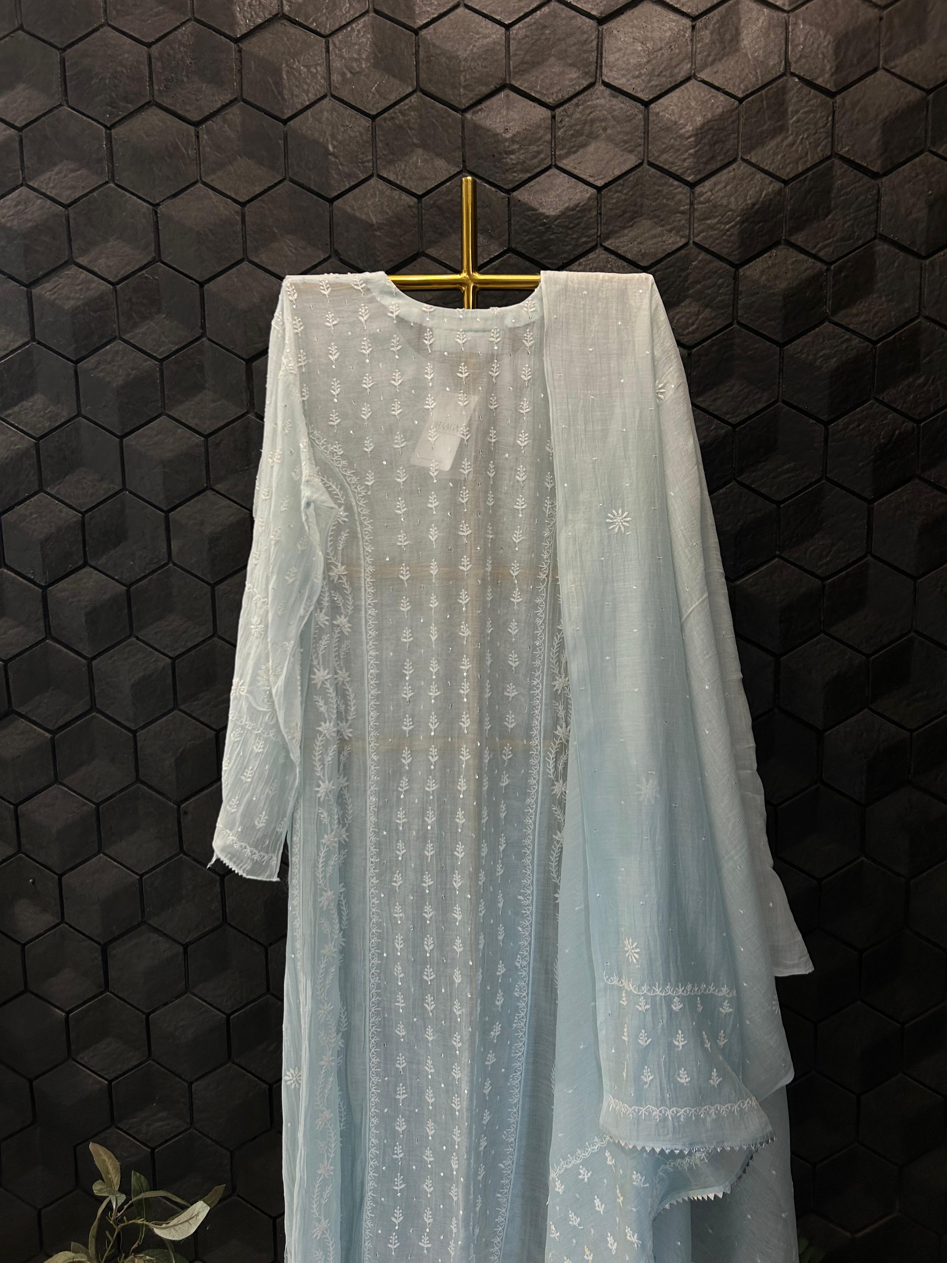 Sky blue mul chanderi chikanakri anarakali set