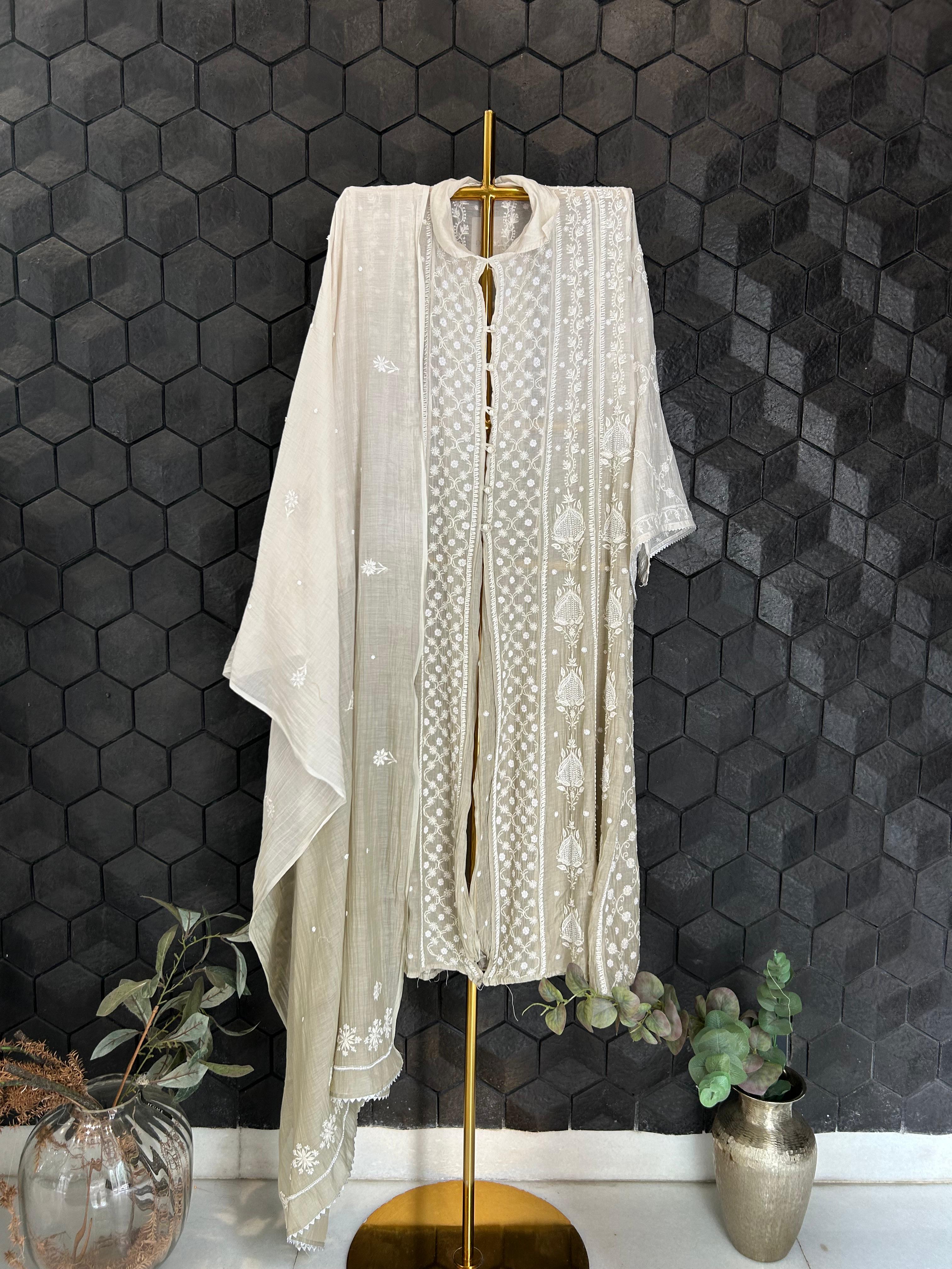 silver mul chanderi chikankari kurts set