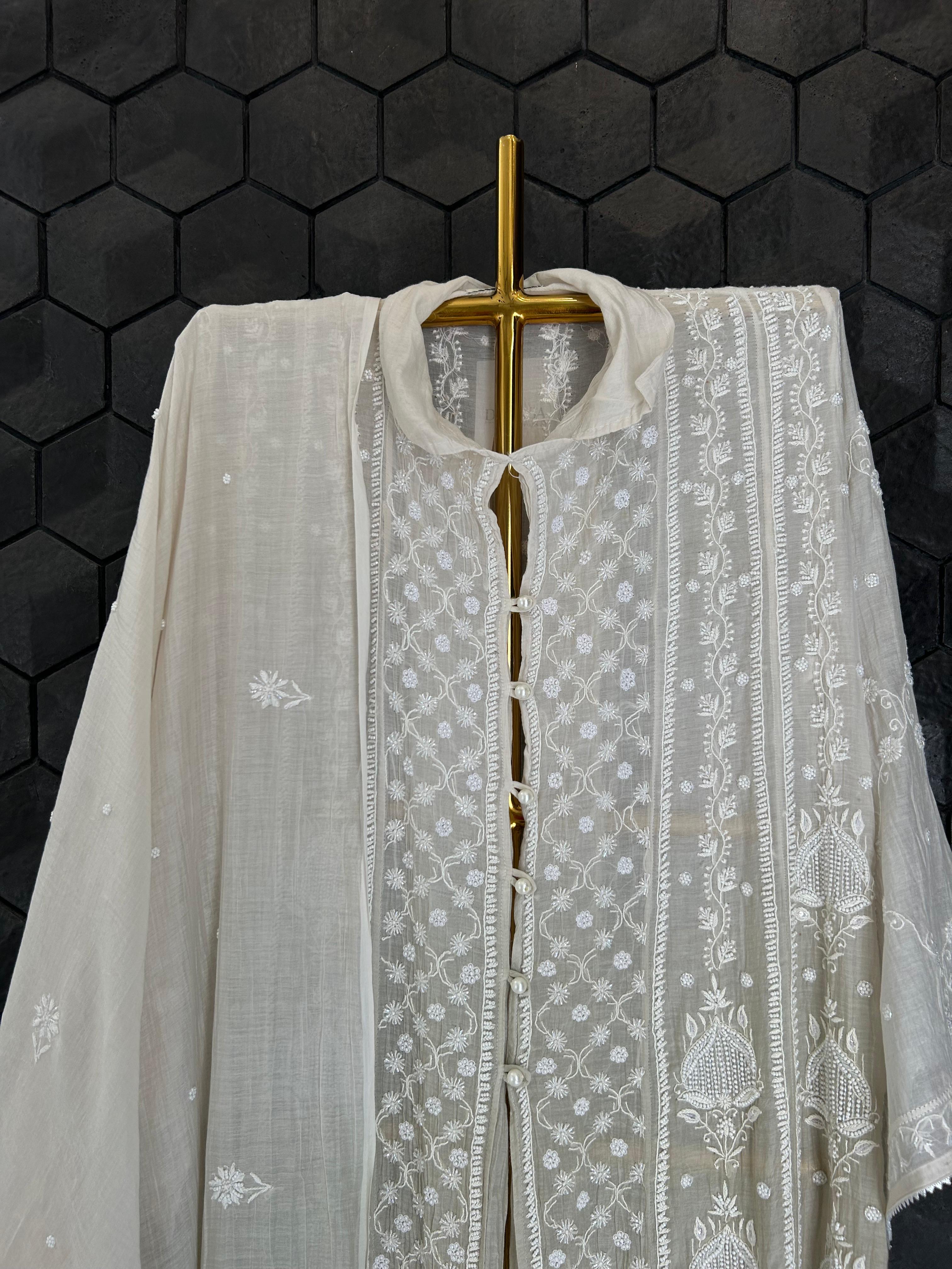 silver mul chanderi chikankari kurts set