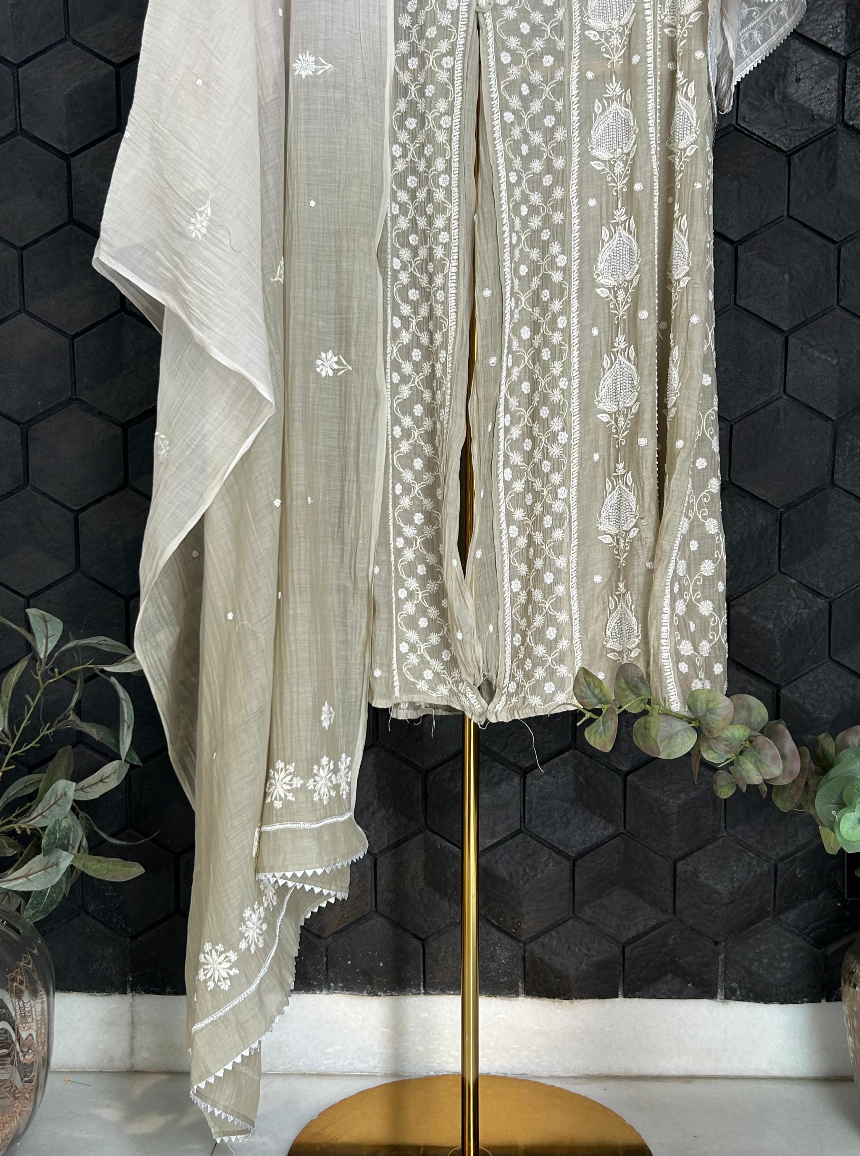 silver mul chanderi chikankari kurts set