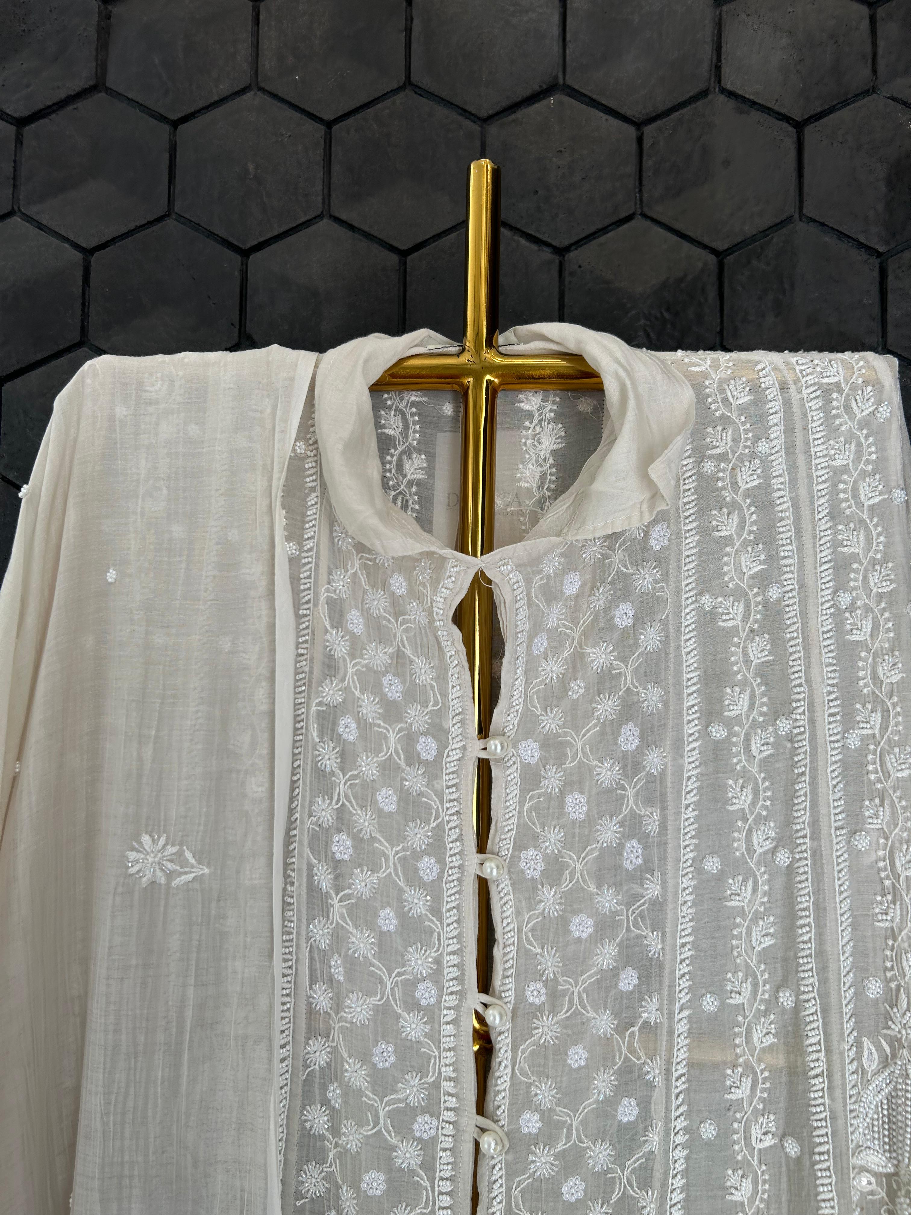silver mul chanderi chikankari kurts set