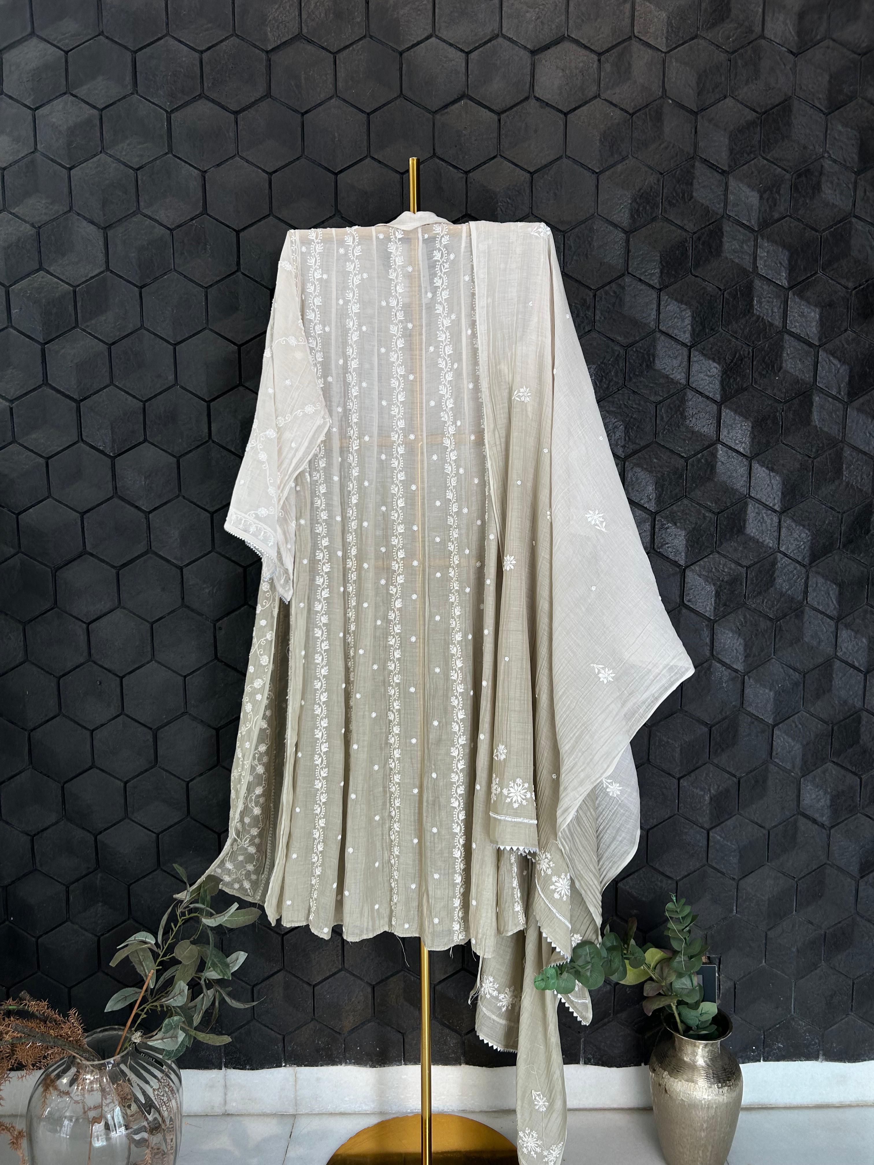 silver mul chanderi chikankari kurts set