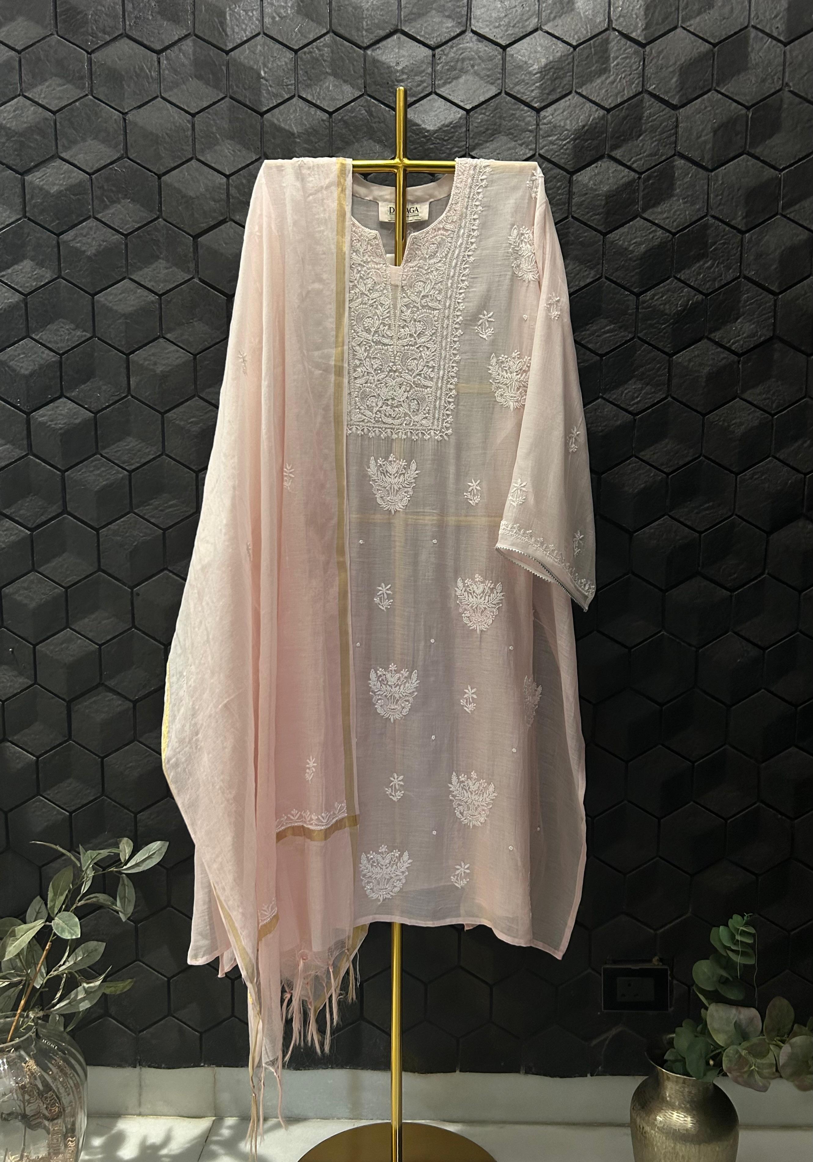 pink mul chanderi chikankari kurta set