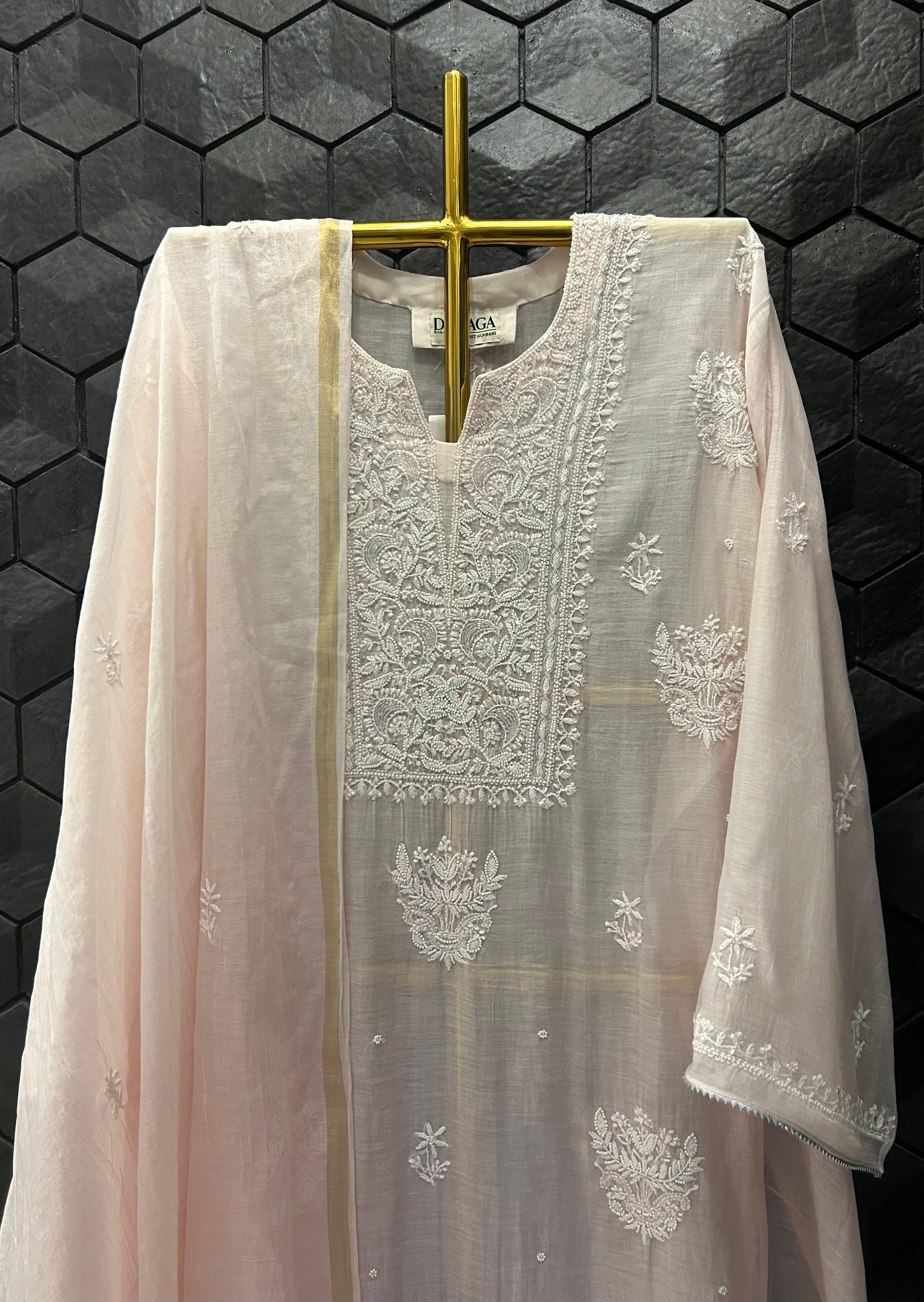 pink mul chanderi chikankari kurta set