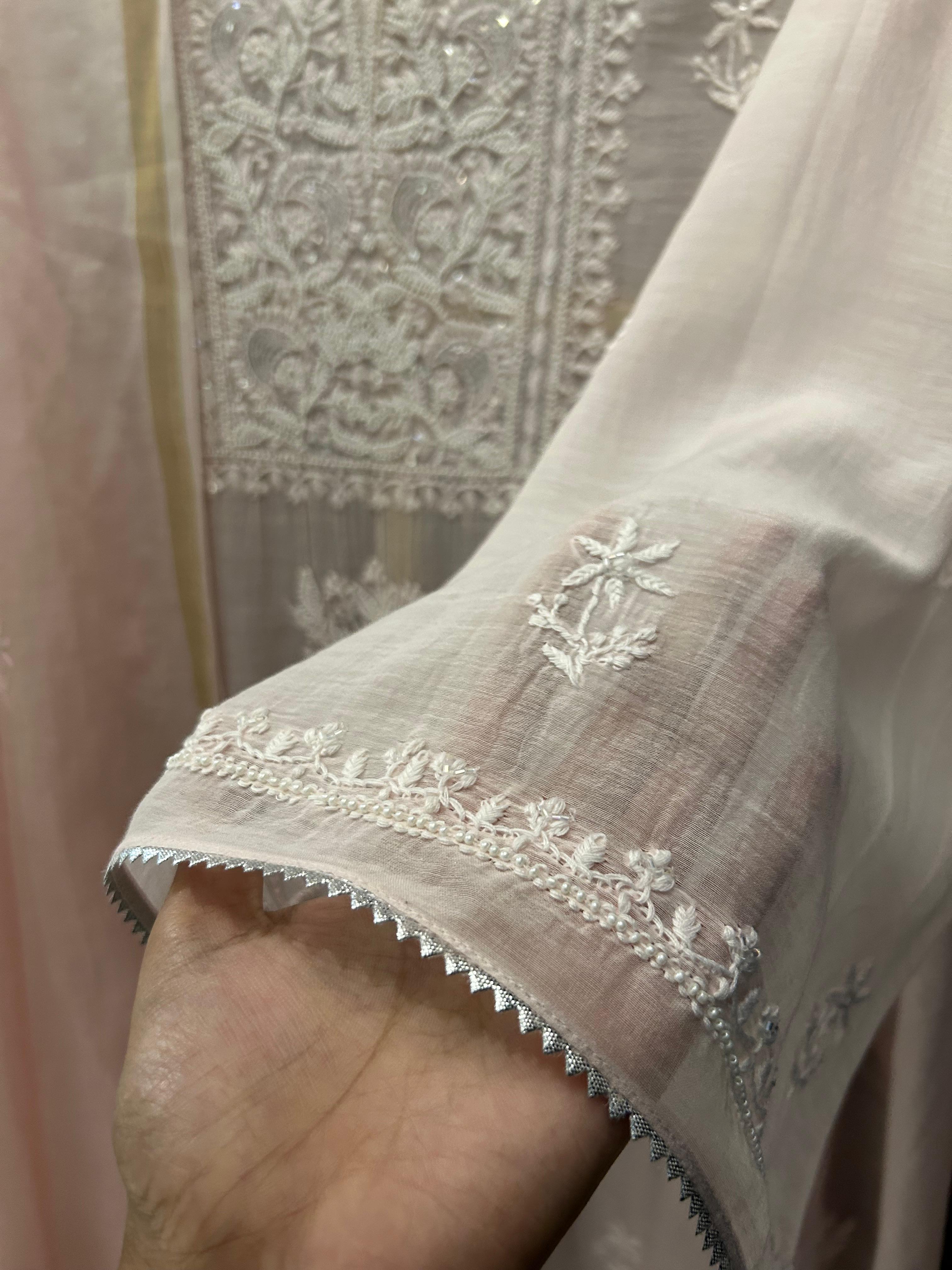 pink mul chanderi chikankari kurta set